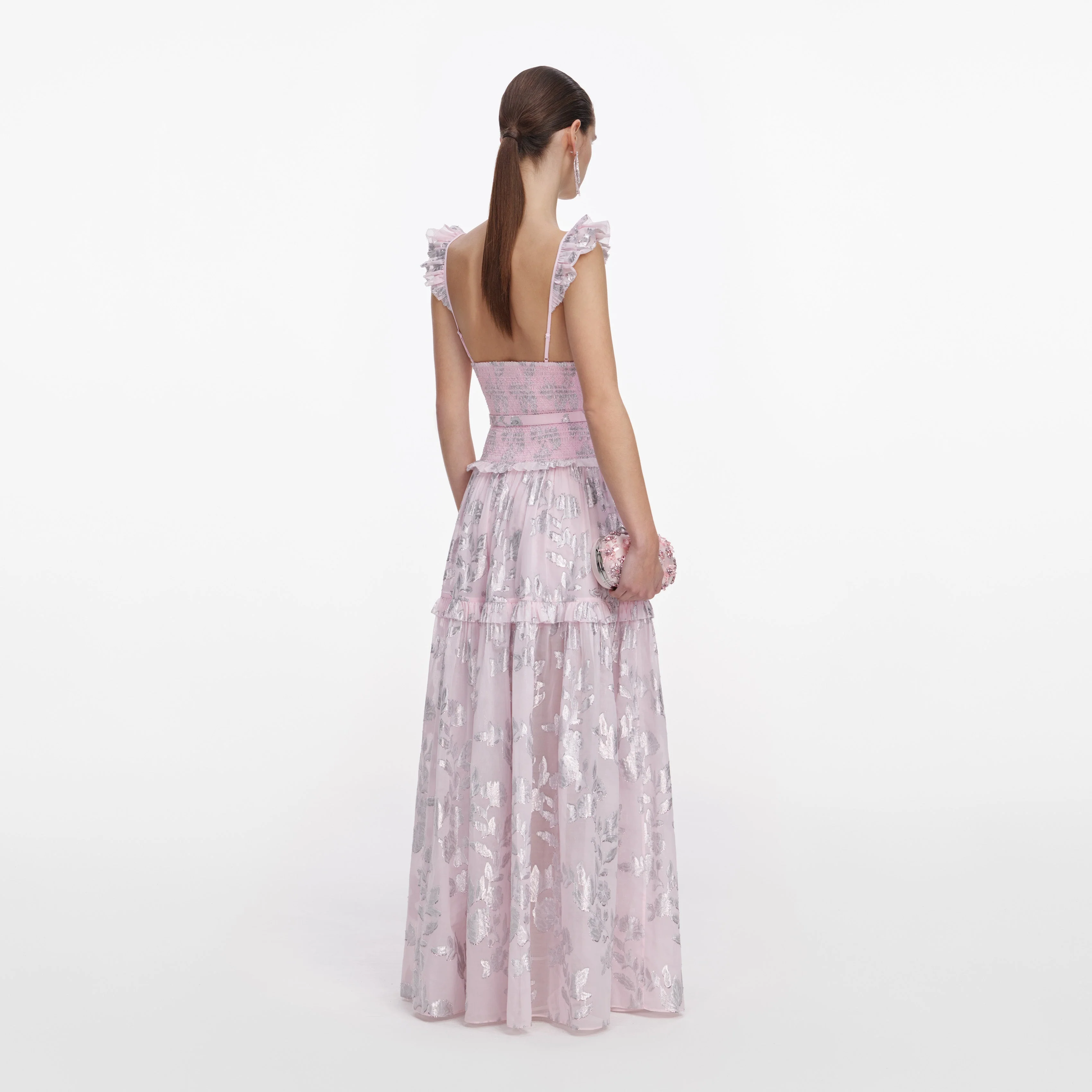 Pink Metallic Chiffon Flower Maxi Dress - Image 3