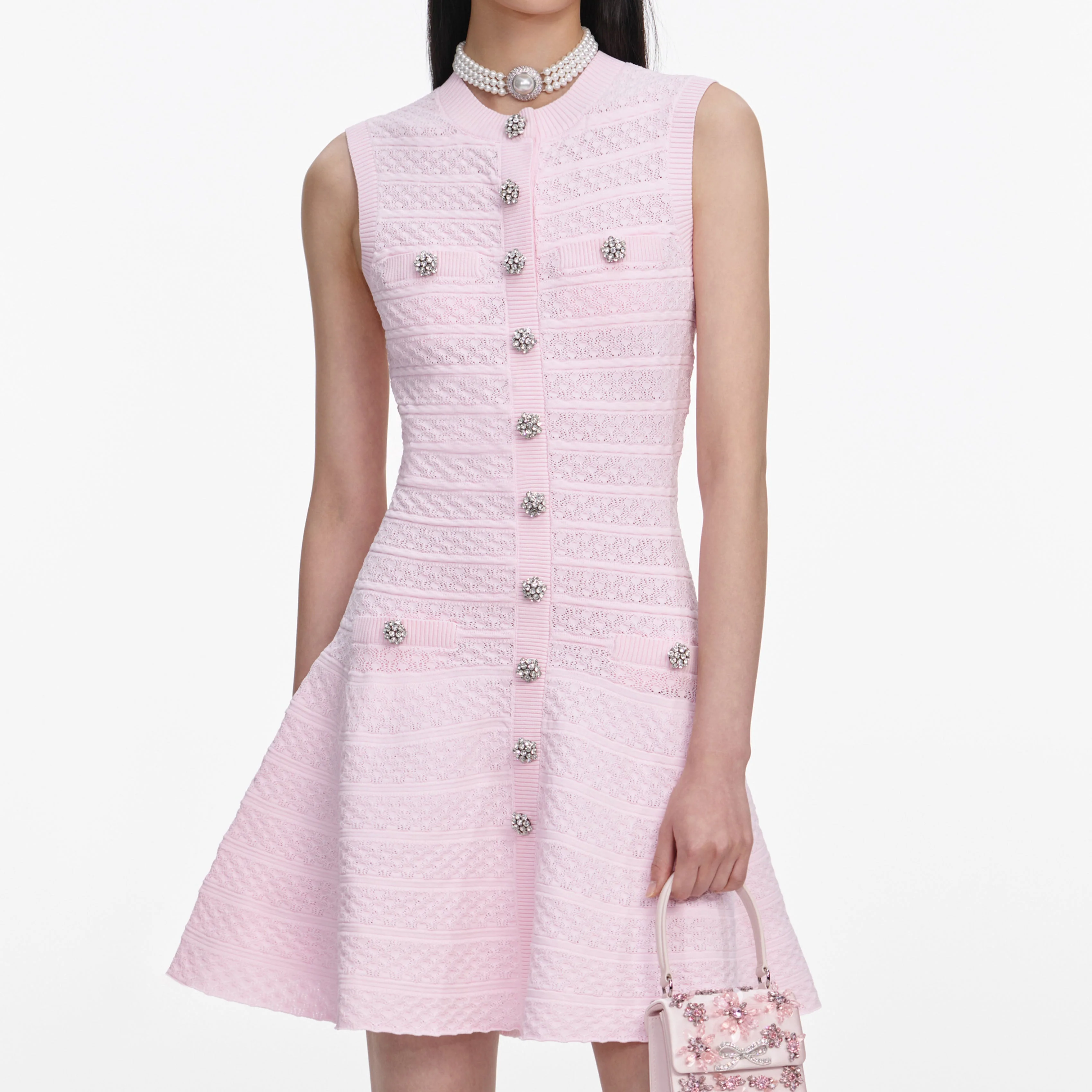 Pink Pointelle Diamante Knit Mini Dress - Image 4