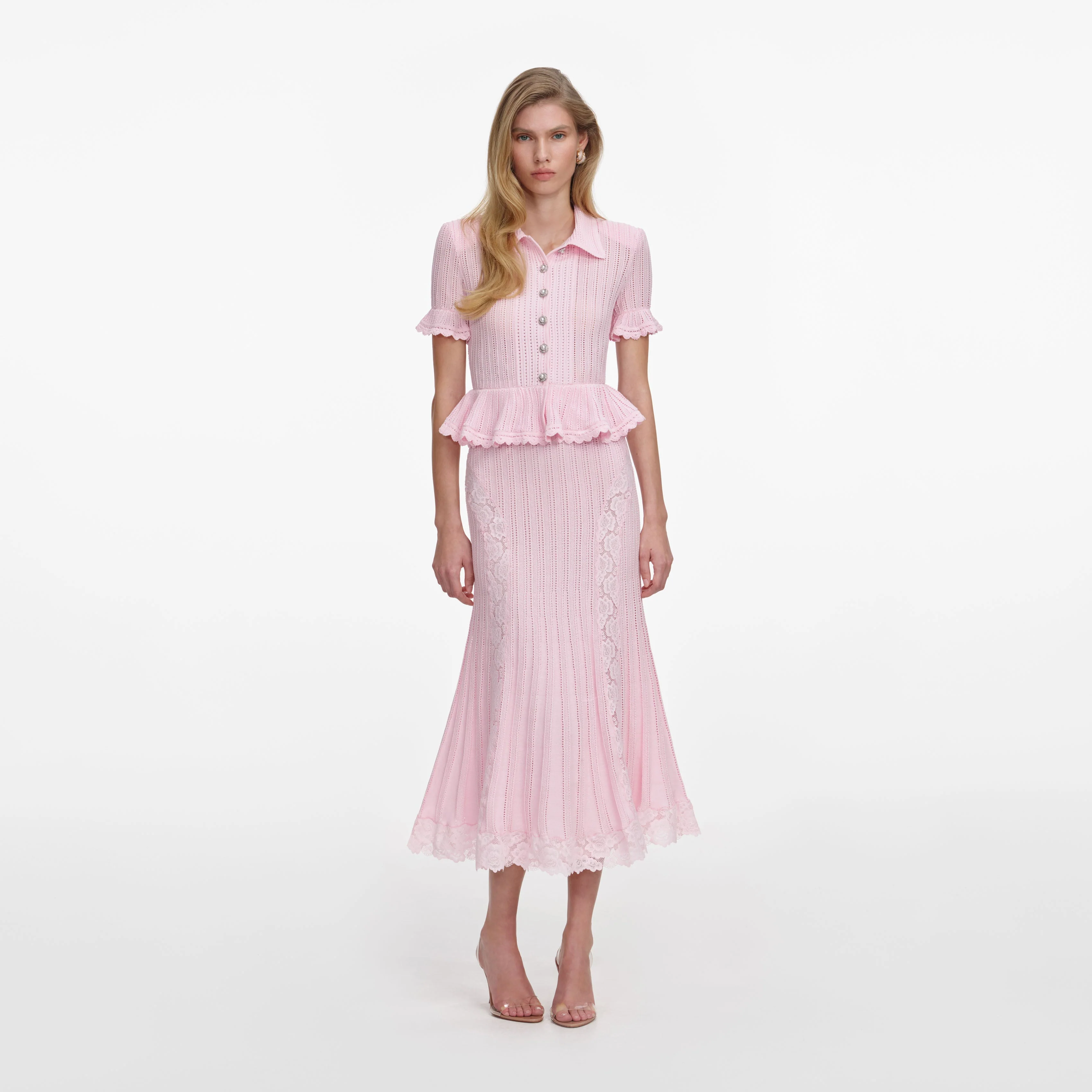 Pink Pointelle Peplum Knit Midi Dress