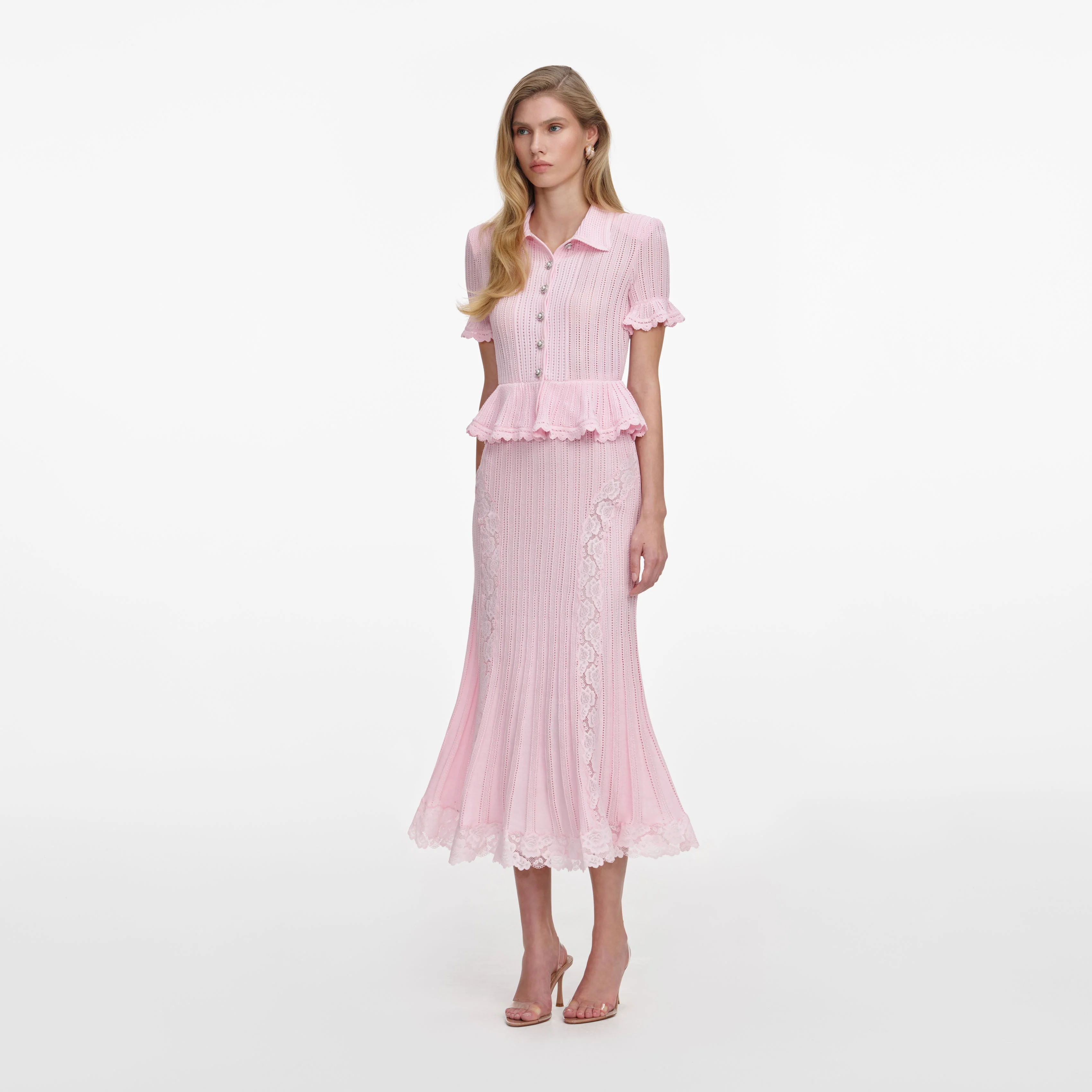 Pink Pointelle Peplum Knit Midi Dress - Image 2