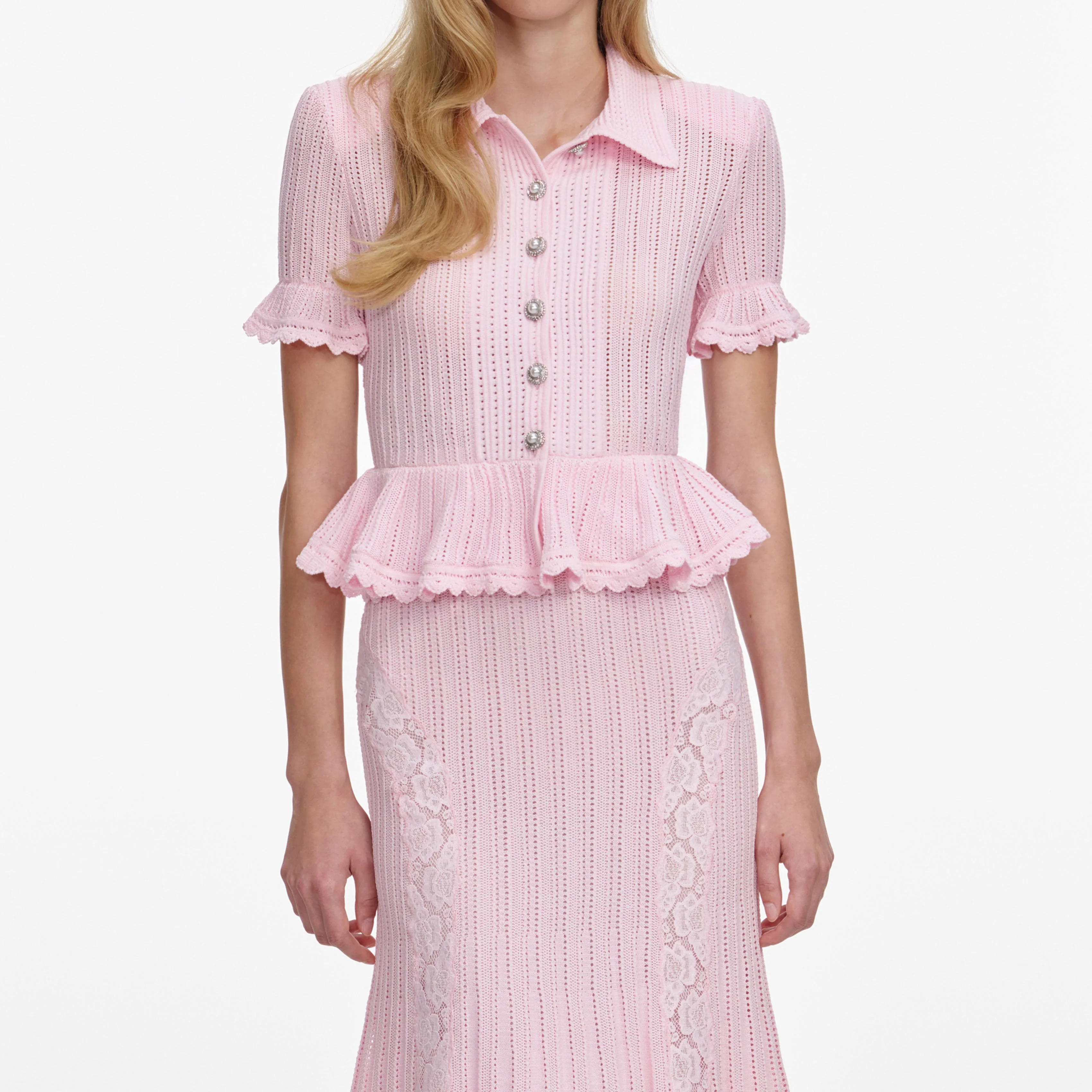 Pink Pointelle Peplum Knit Midi Dress - Image 4