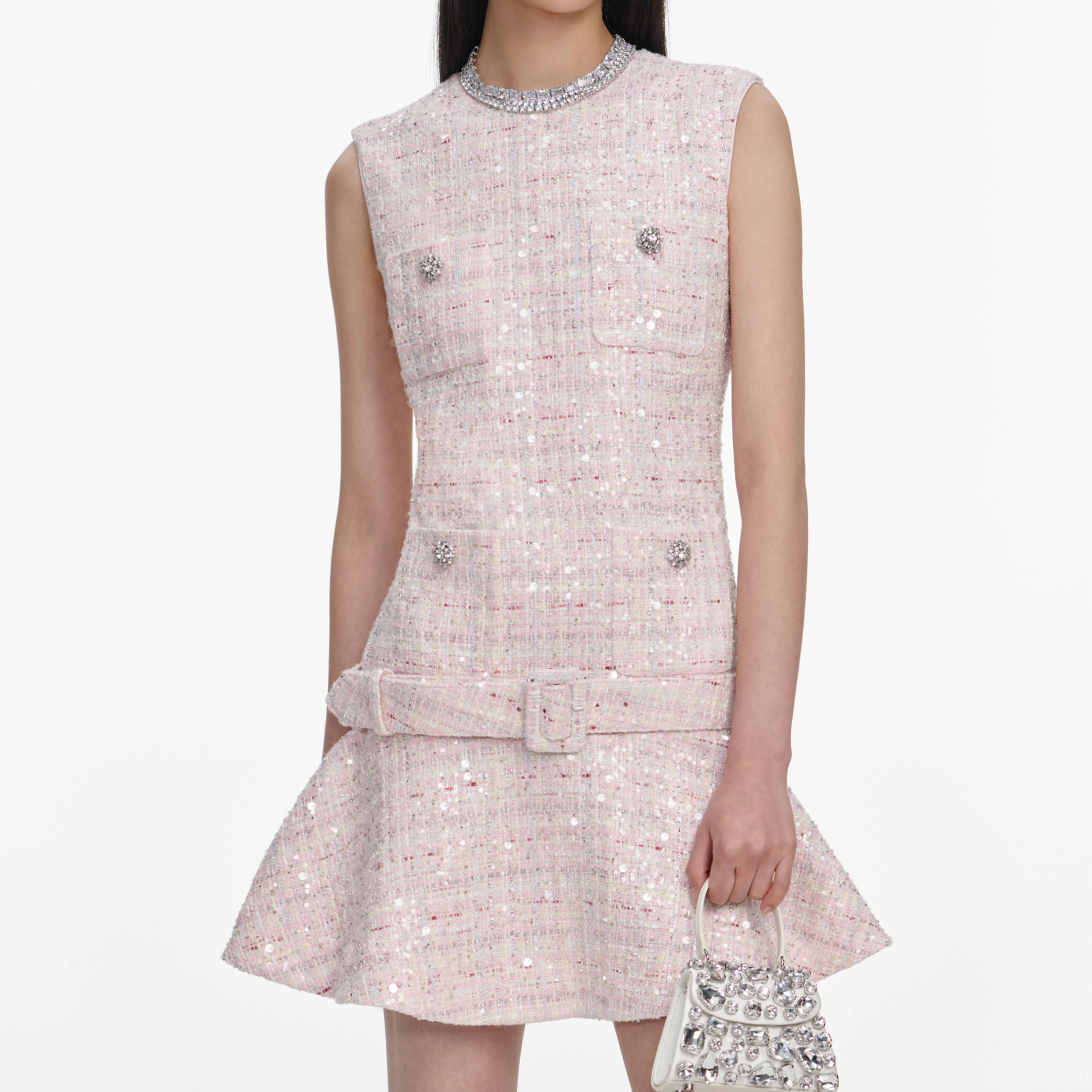 Pink Sequin Boucle Belted Mini Dress - Image 4