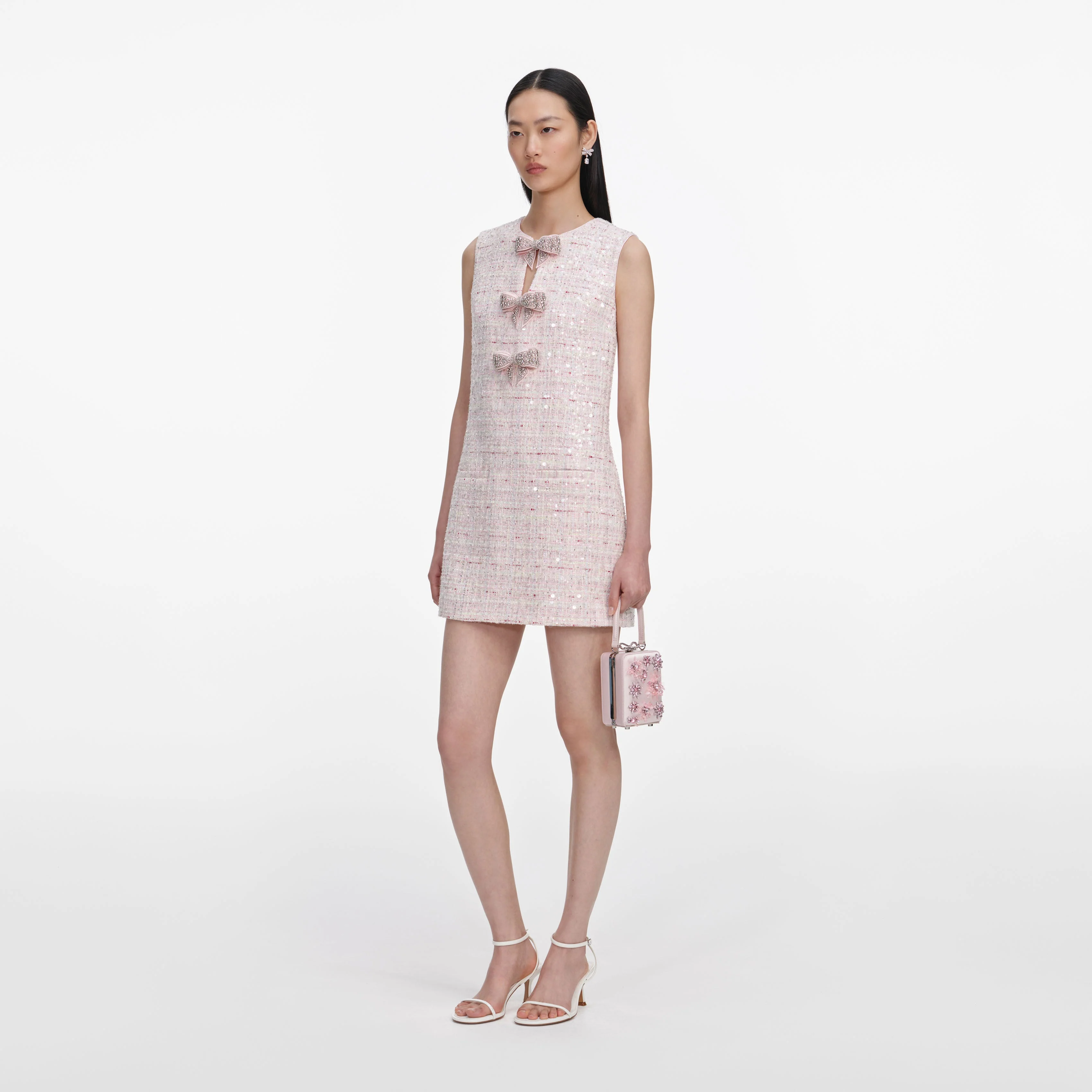 Pink Sequin Boucle Bow Mini Dress - Image 2