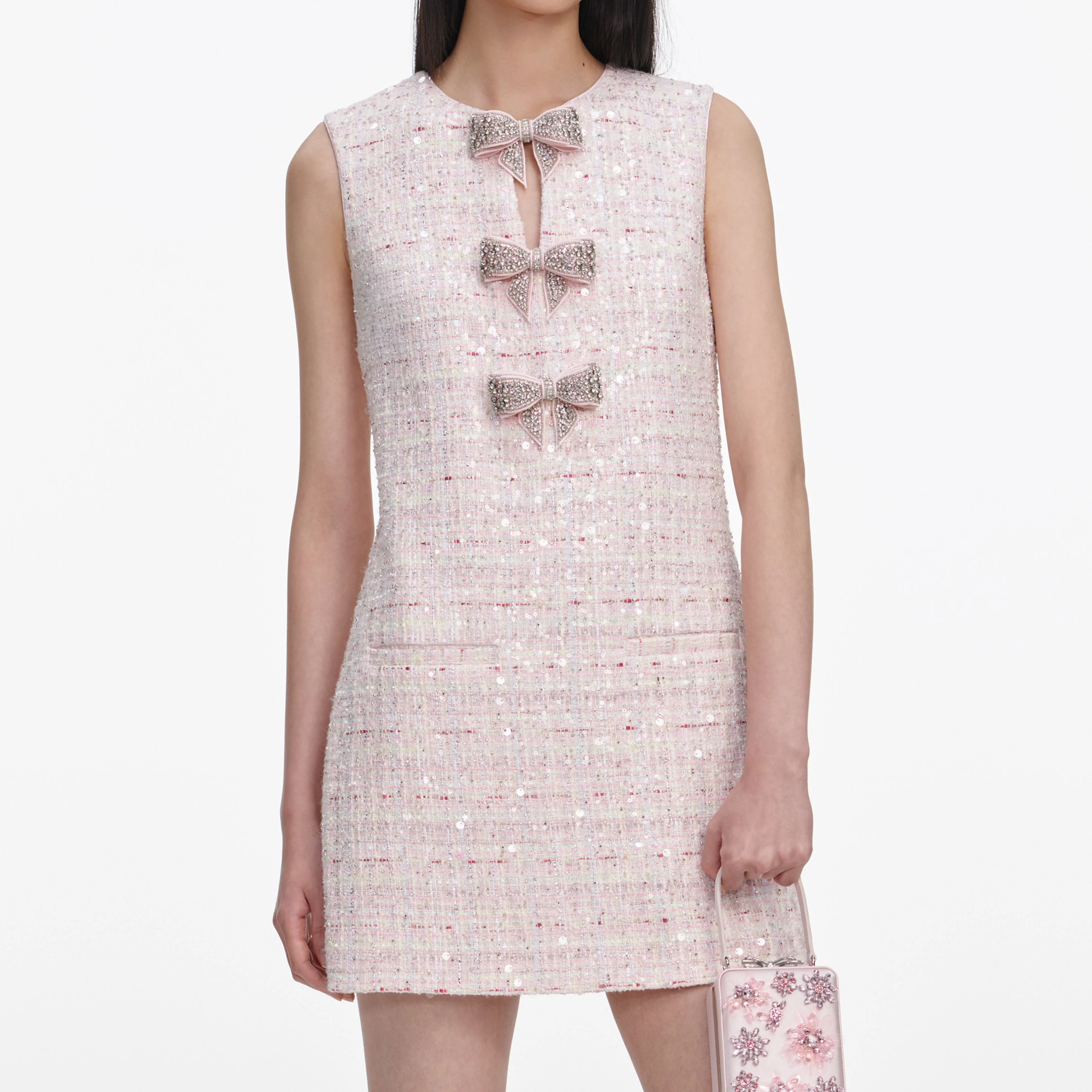Pink Sequin Boucle Bow Mini Dress - Image 4