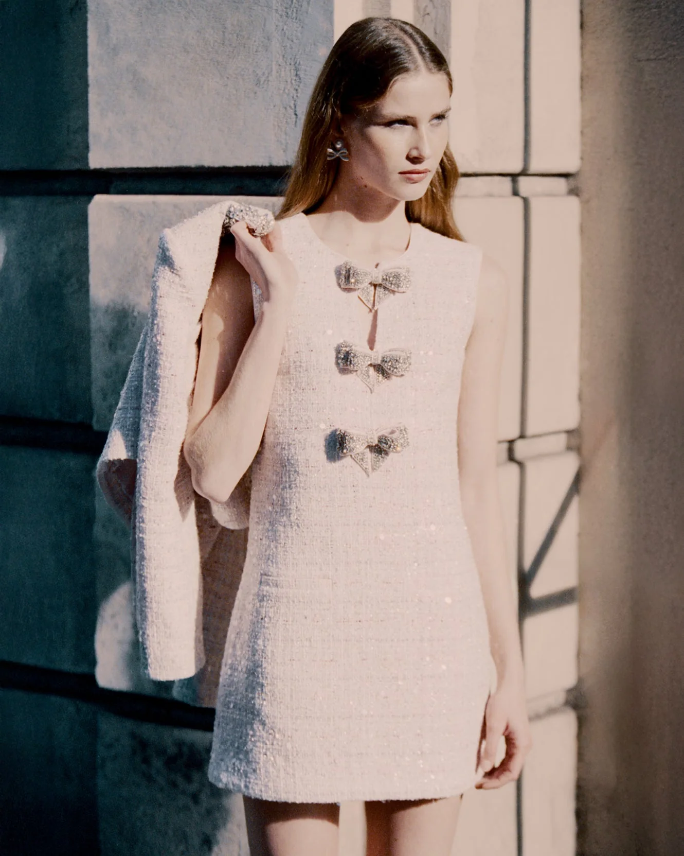 Pink Sequin Boucle Bow Mini Dress - Image 6