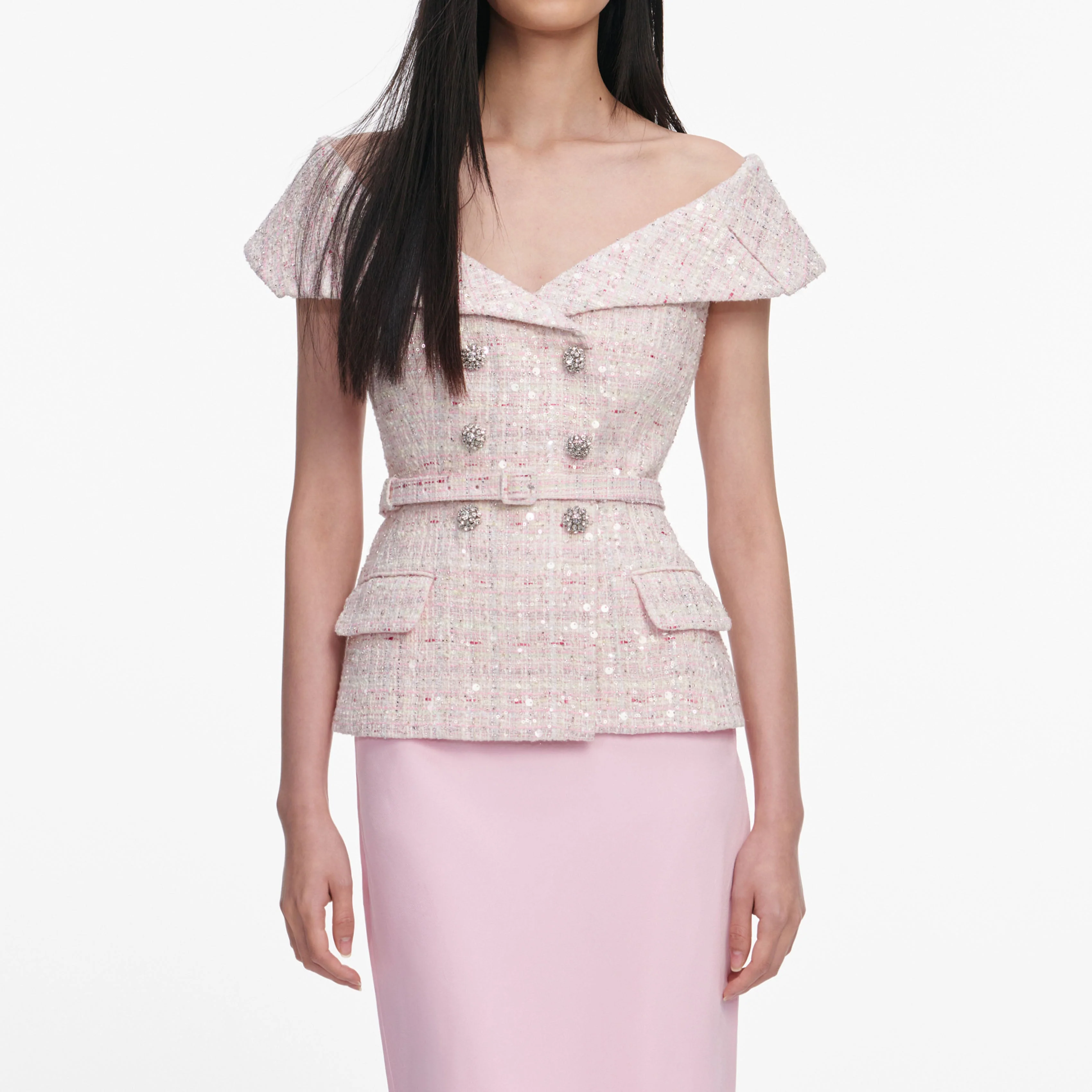 Pink Sequin Boucle Maxi Dress - Image 4