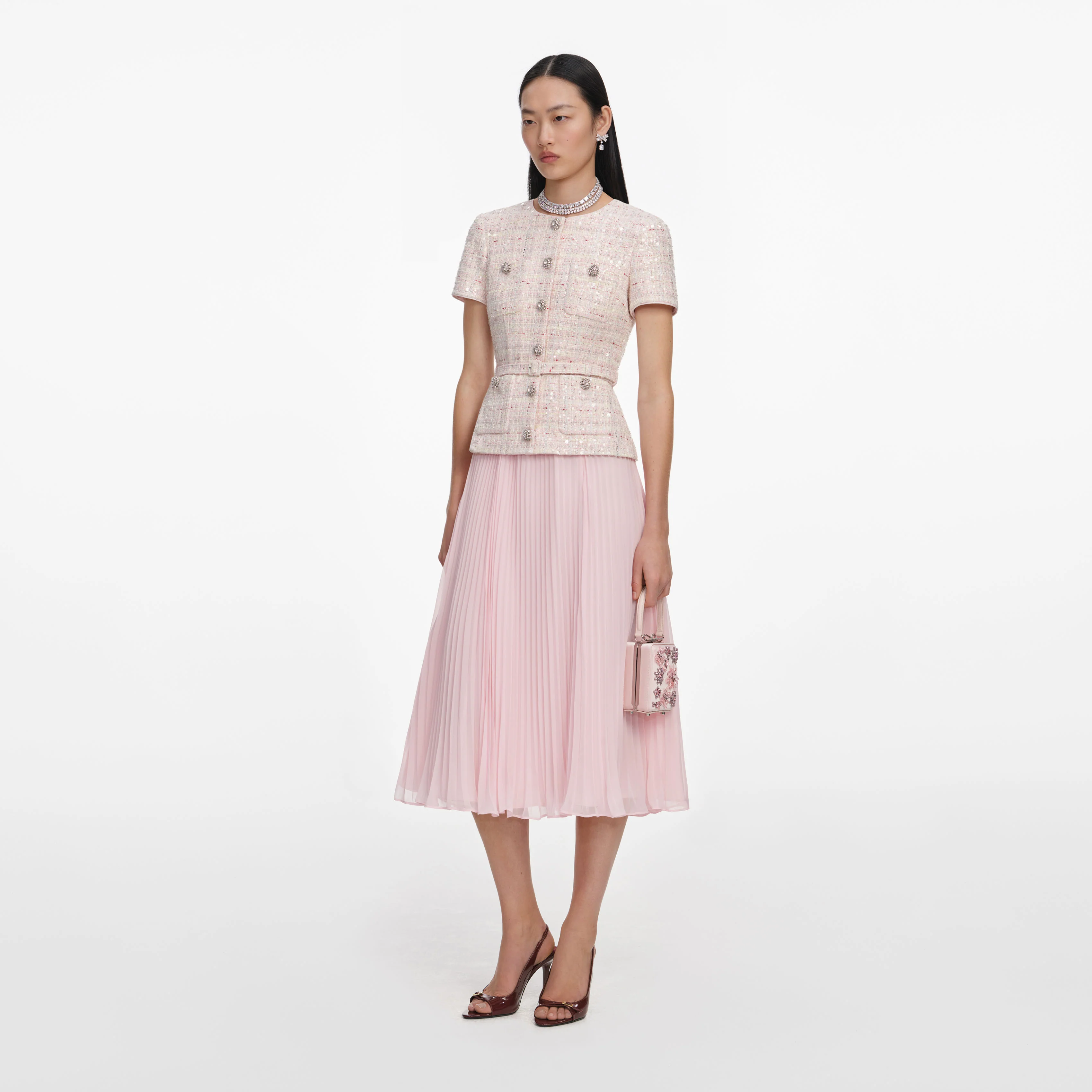 Pink Sequin Boucle Tailored Midi Dress - Image 2