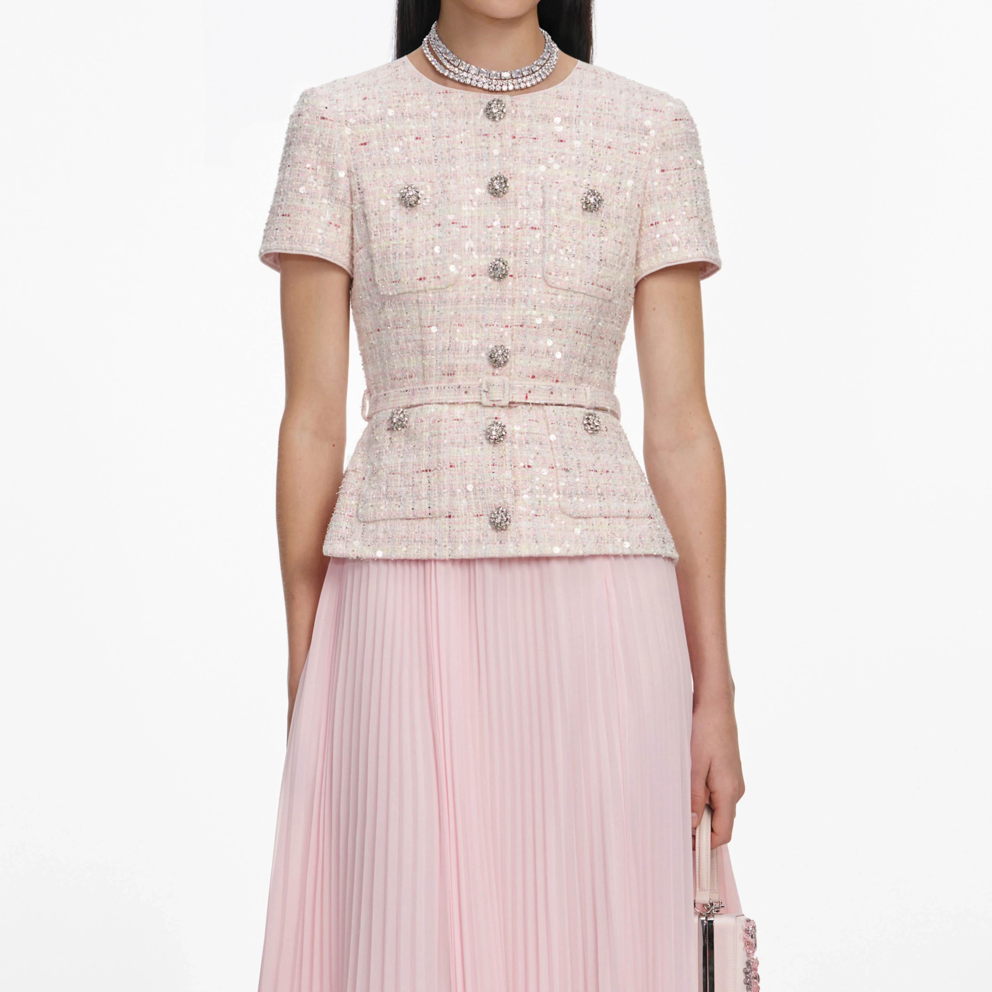Pink Sequin Boucle Tailored Midi Dress - Image 4