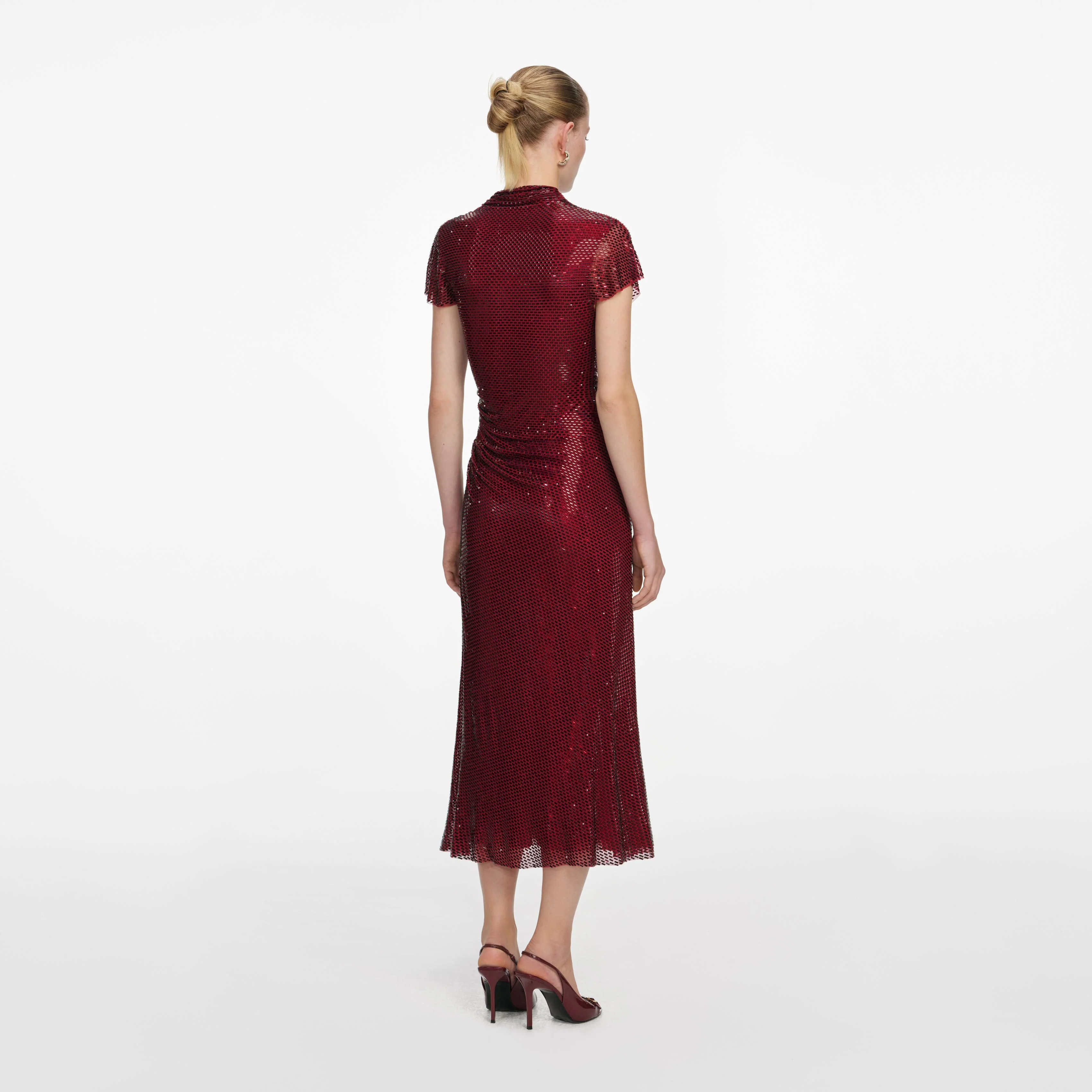 Red Rhinestone Drape Midi Dress - Image 3
