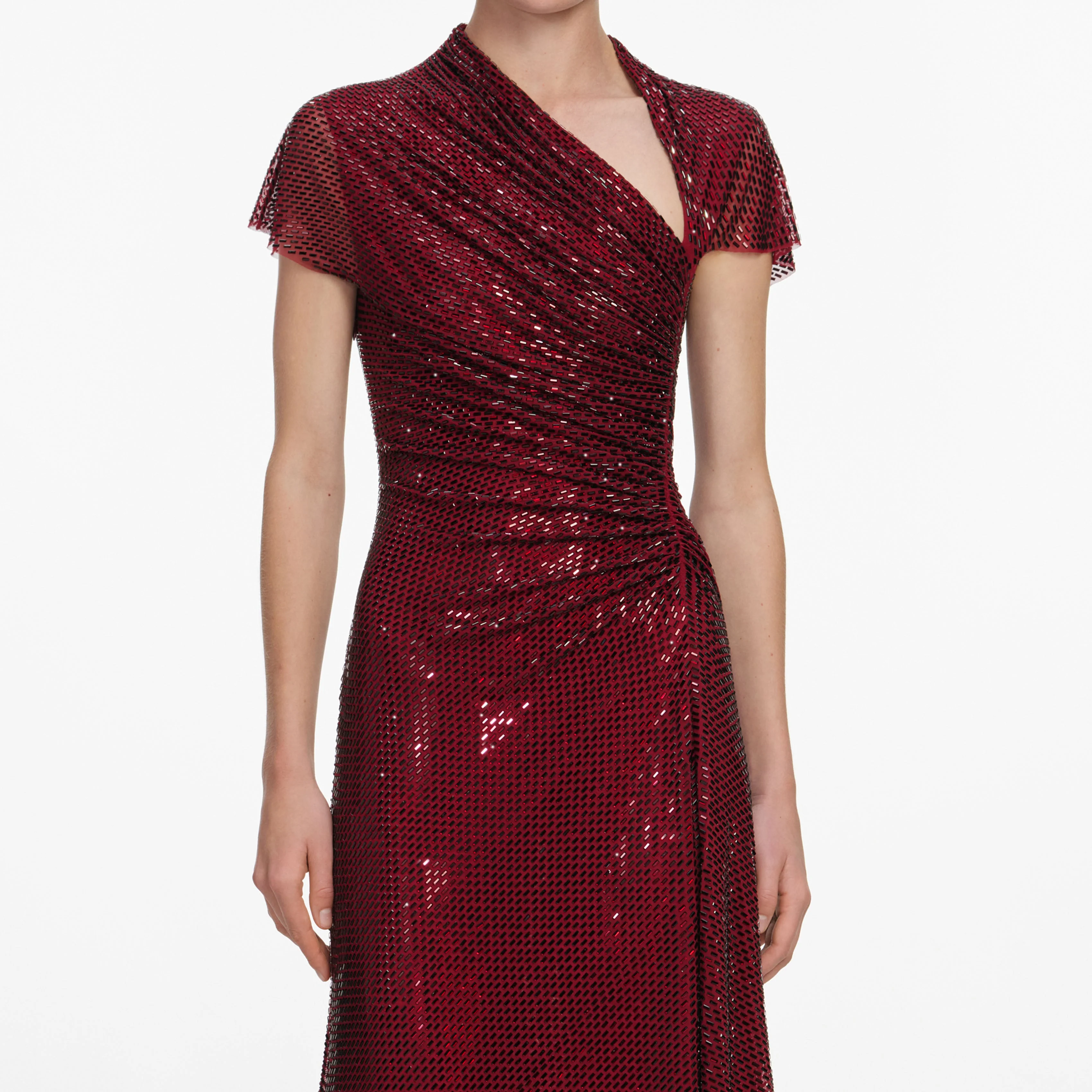Red Rhinestone Drape Midi Dress - Image 4