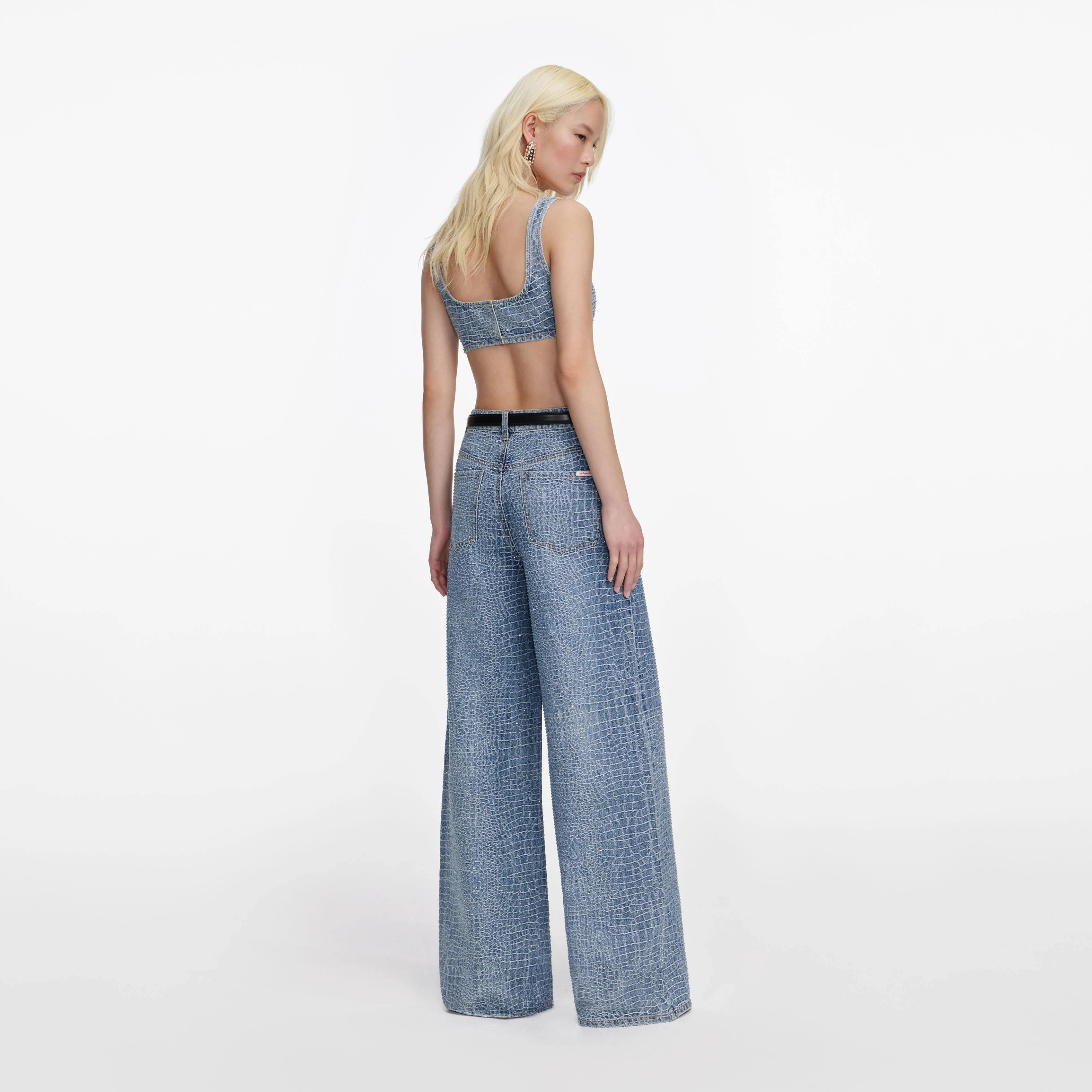 Rhinestone Croc Effect Denim Bralette - Image 3