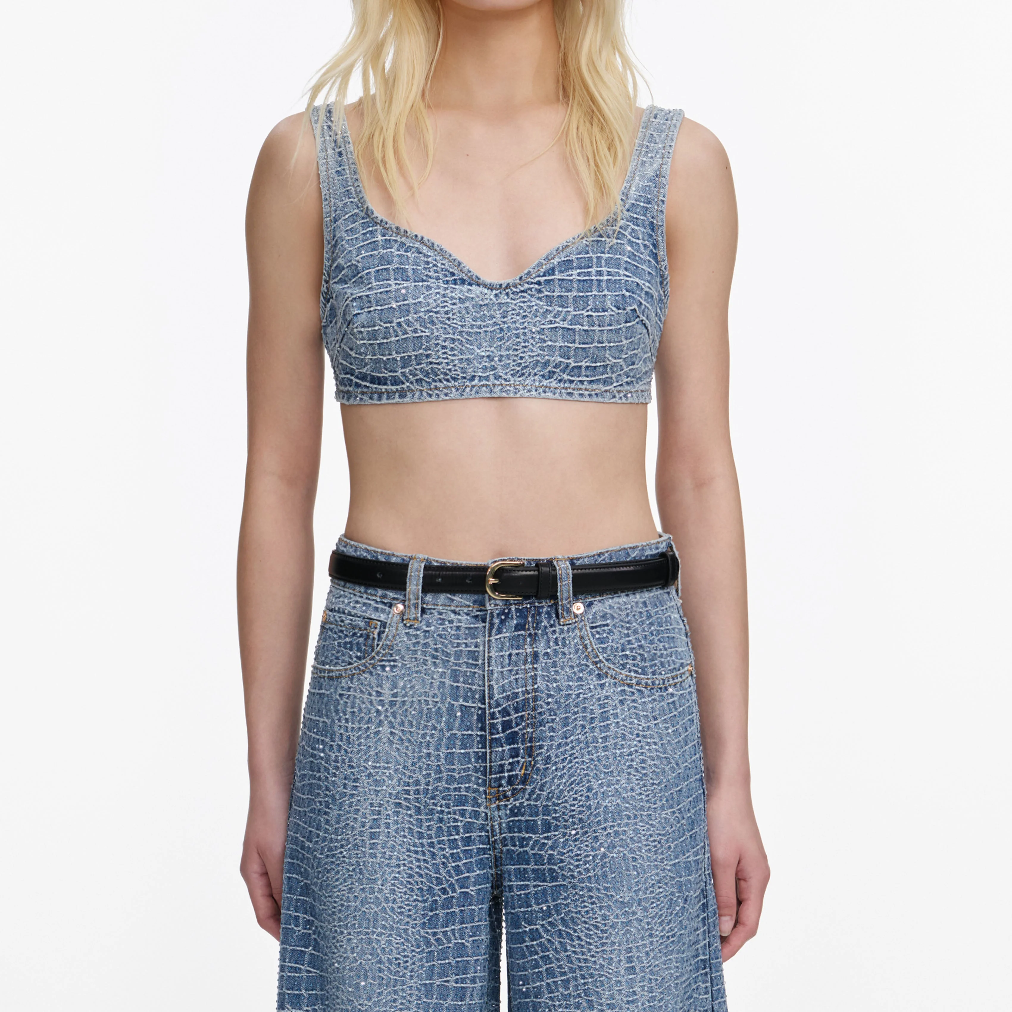 Rhinestone Croc Effect Denim Bralette - Image 4