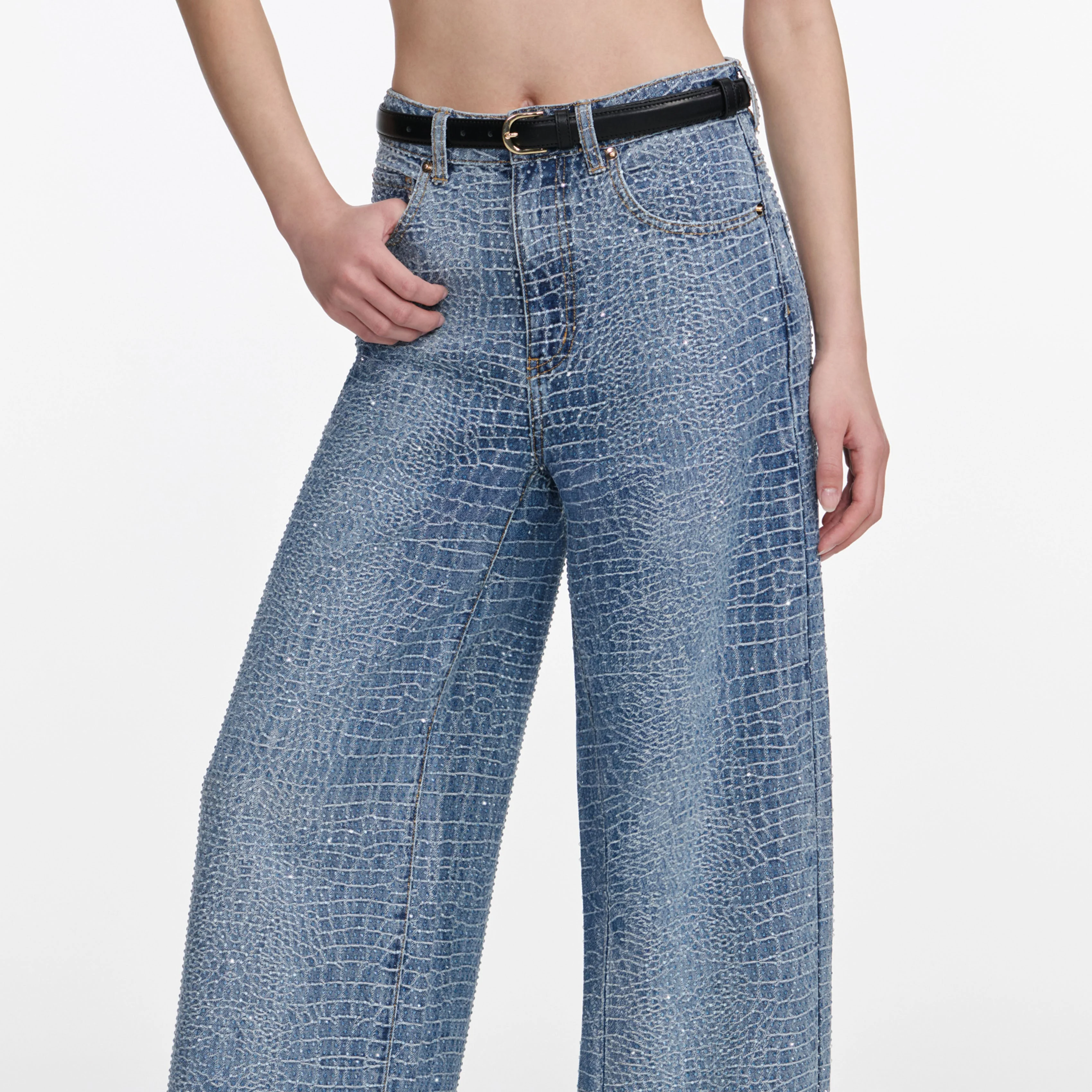 Rhinestone Croc Effect Wide Leg Jeans - Image 4