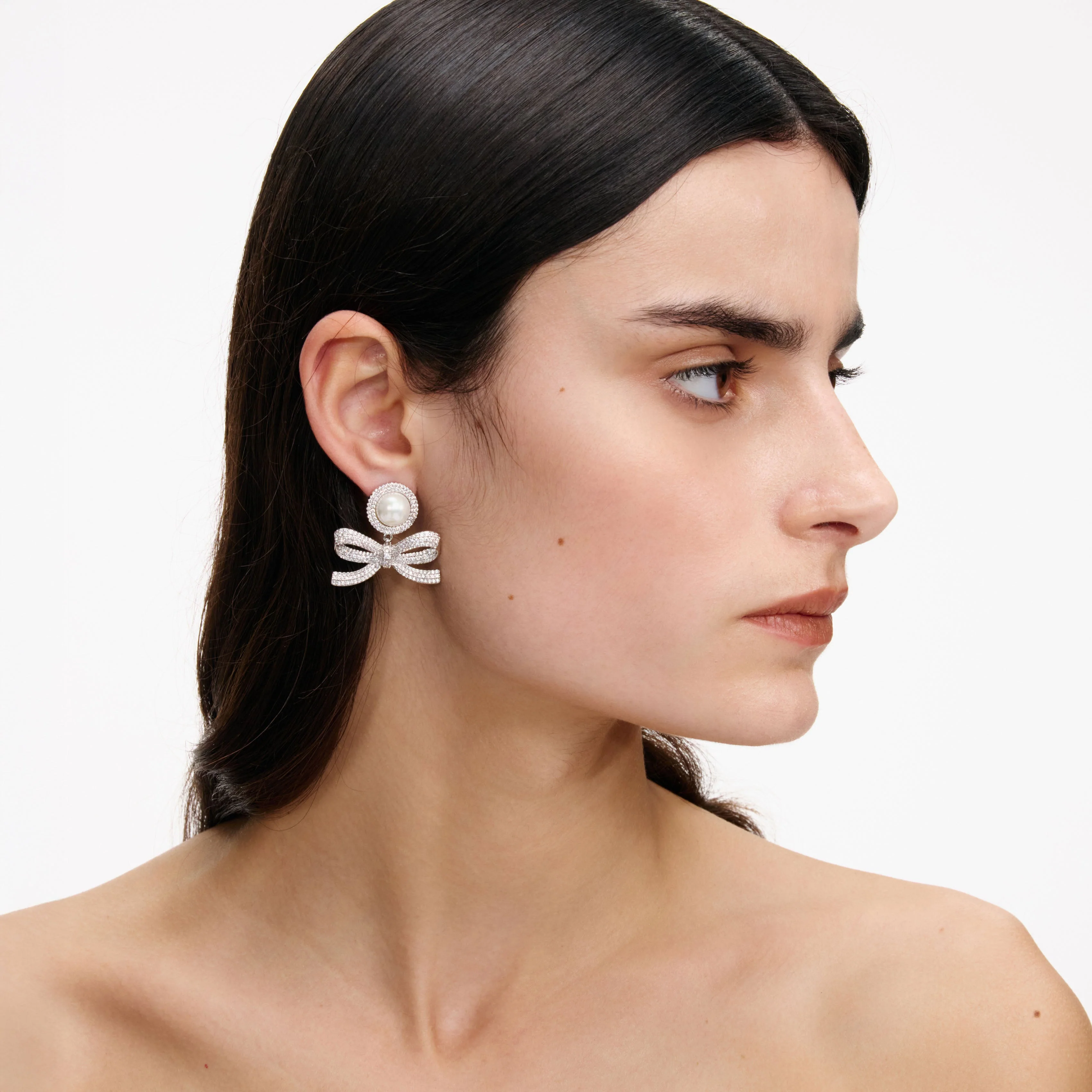 Silver Pearl Bow Drop Earrings - Image 2