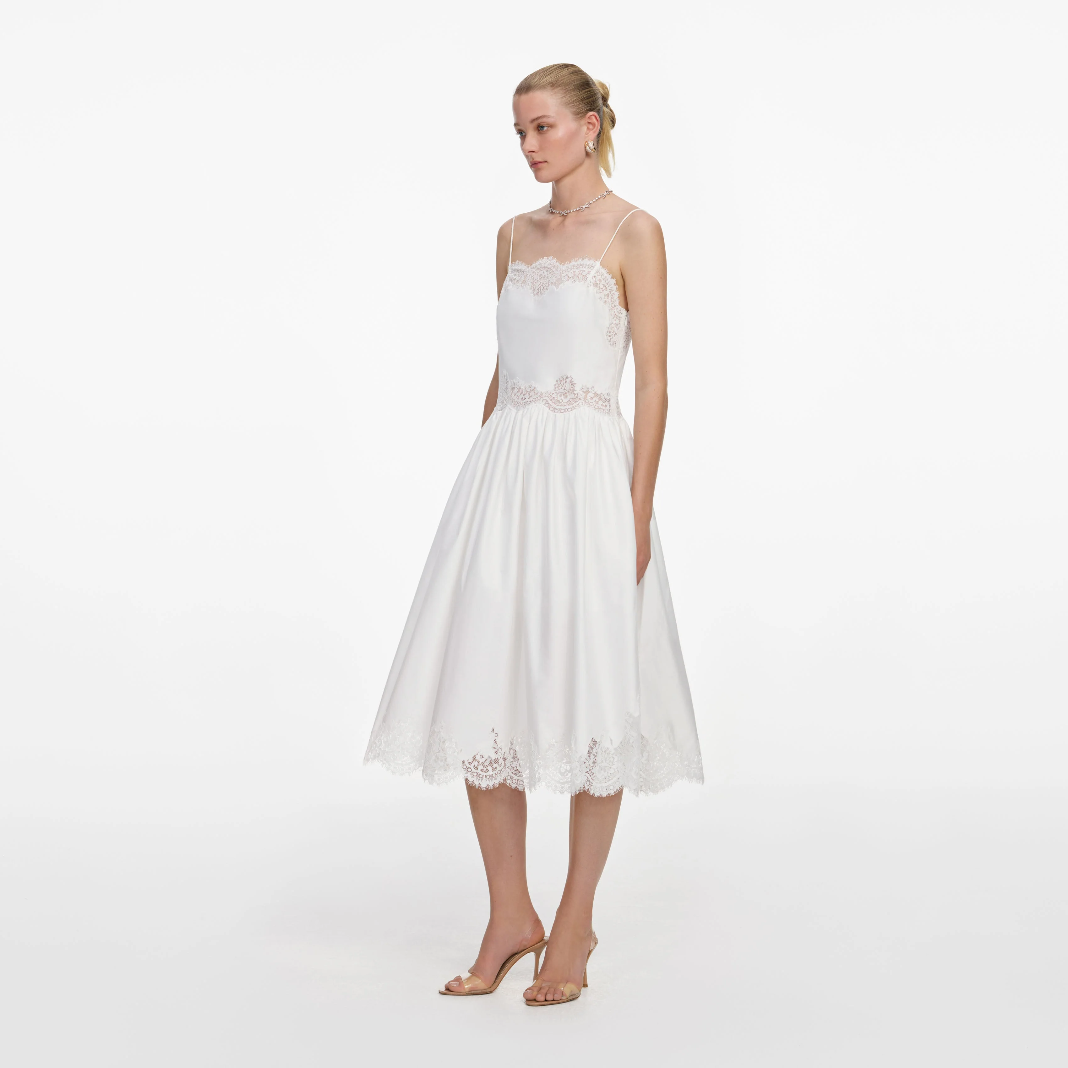 White Cotton Lace Trim Midi Dress - Image 2
