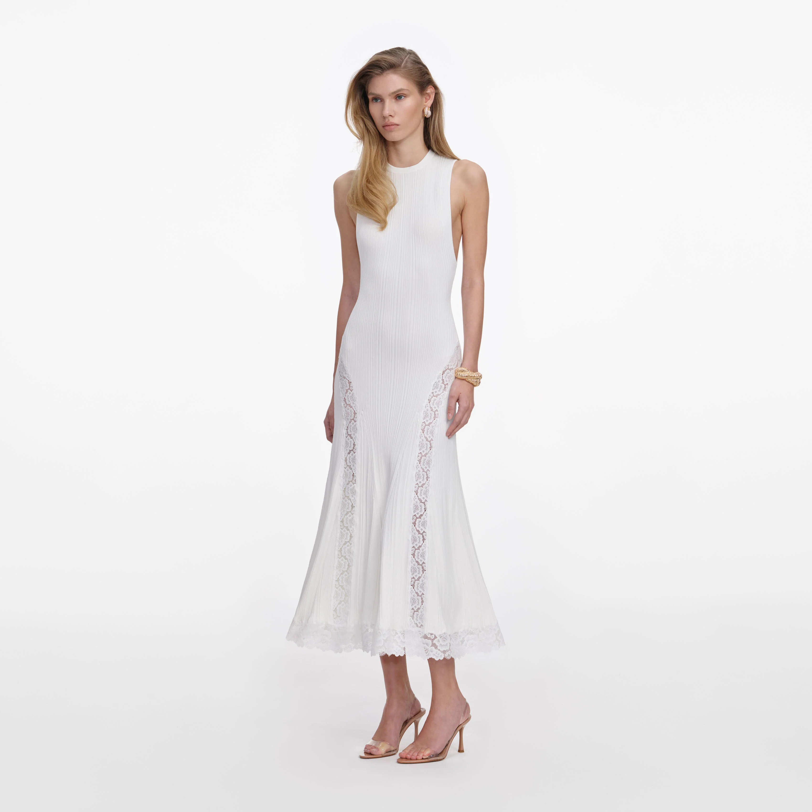 White Knit Lace Insert Midi Dress - Image 2