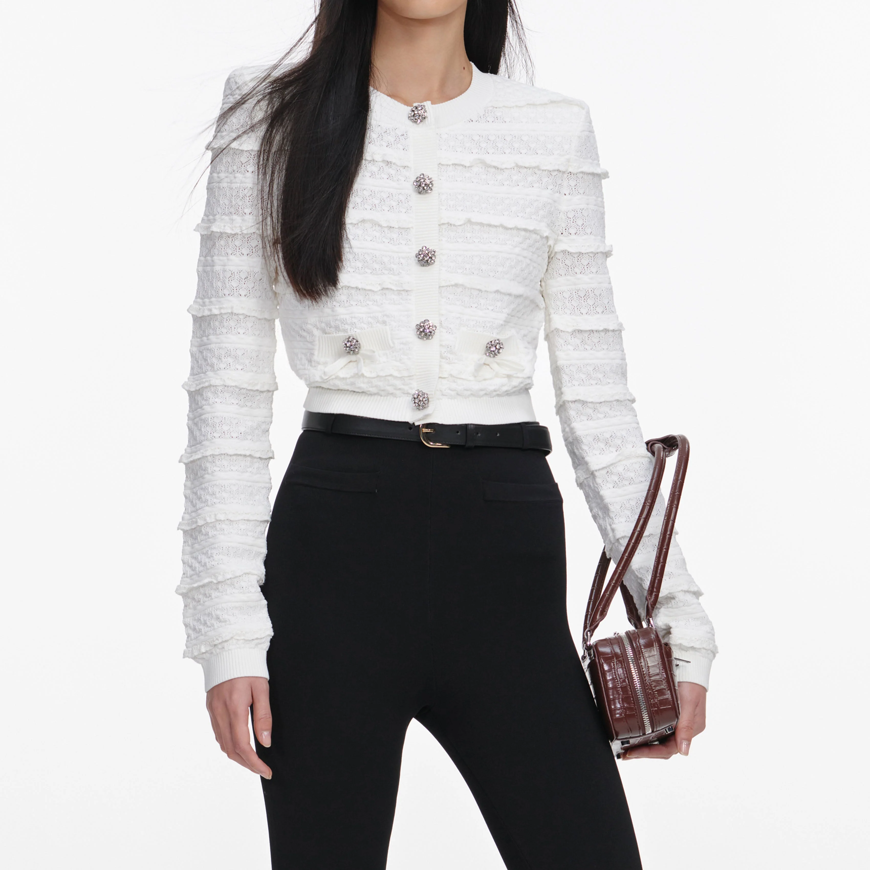 White Pointelle Diamante Cardigan - Image 4