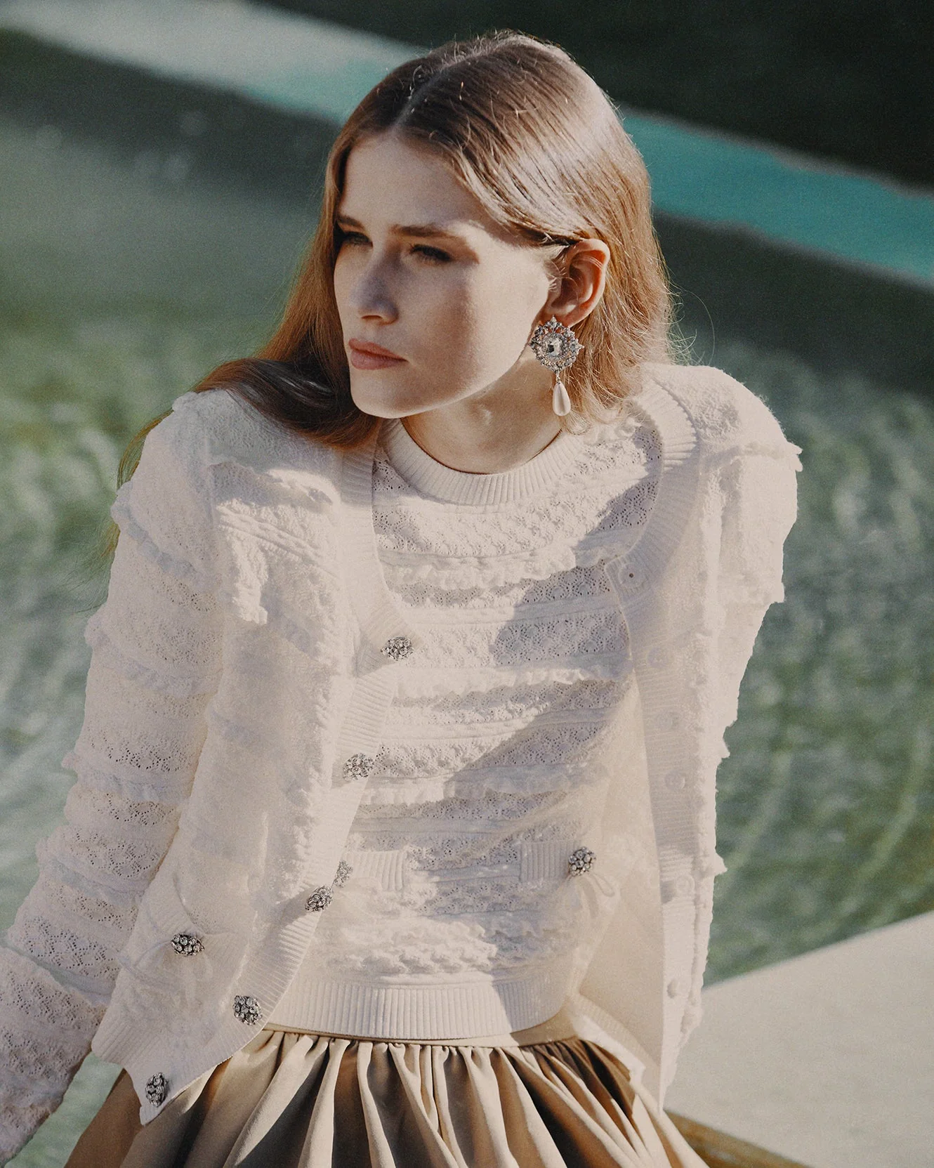 White Pointelle Diamante Cardigan - Image 6