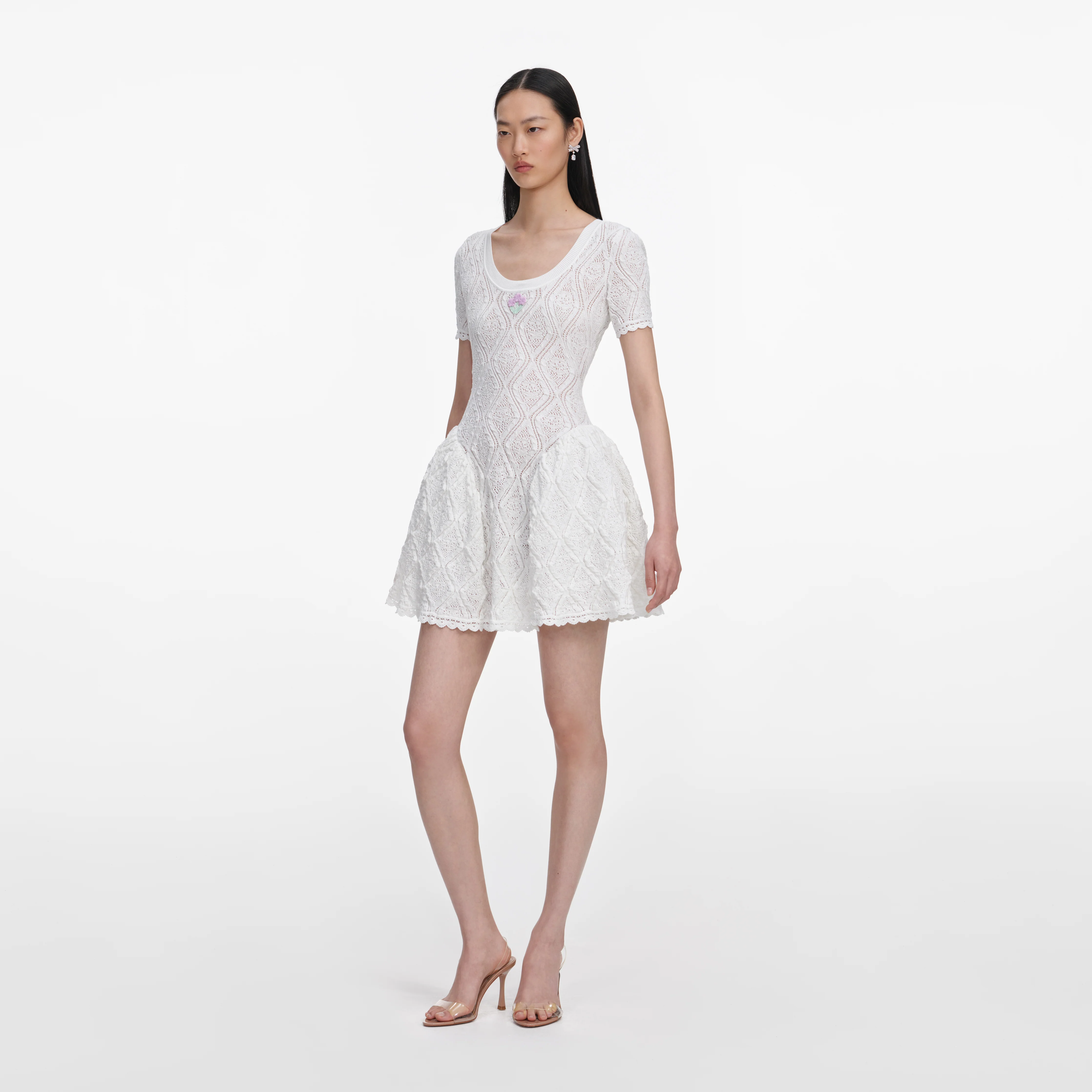 White Pointelle Knit Flared Mini Dress - Image 2