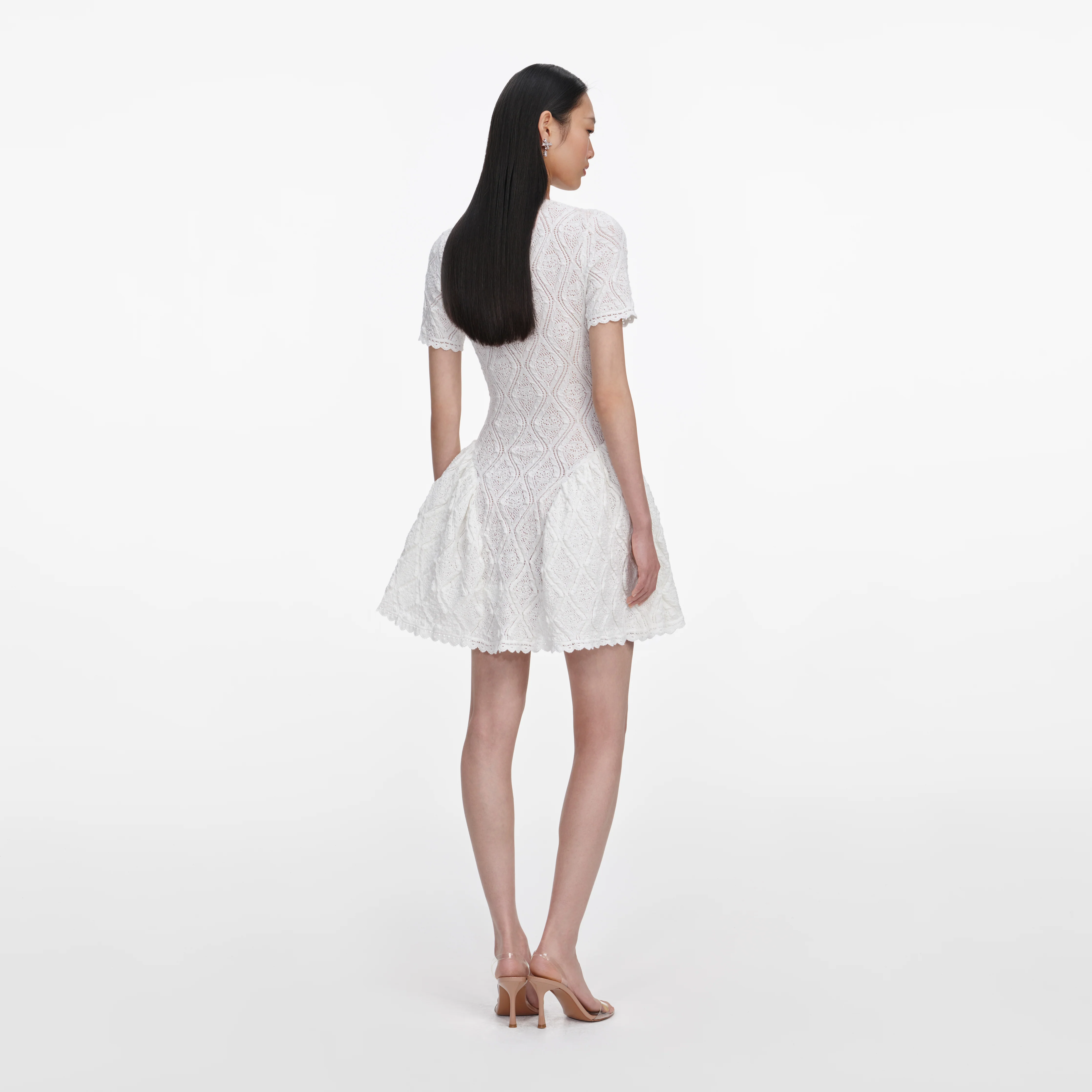 White Pointelle Knit Flared Mini Dress - Image 3