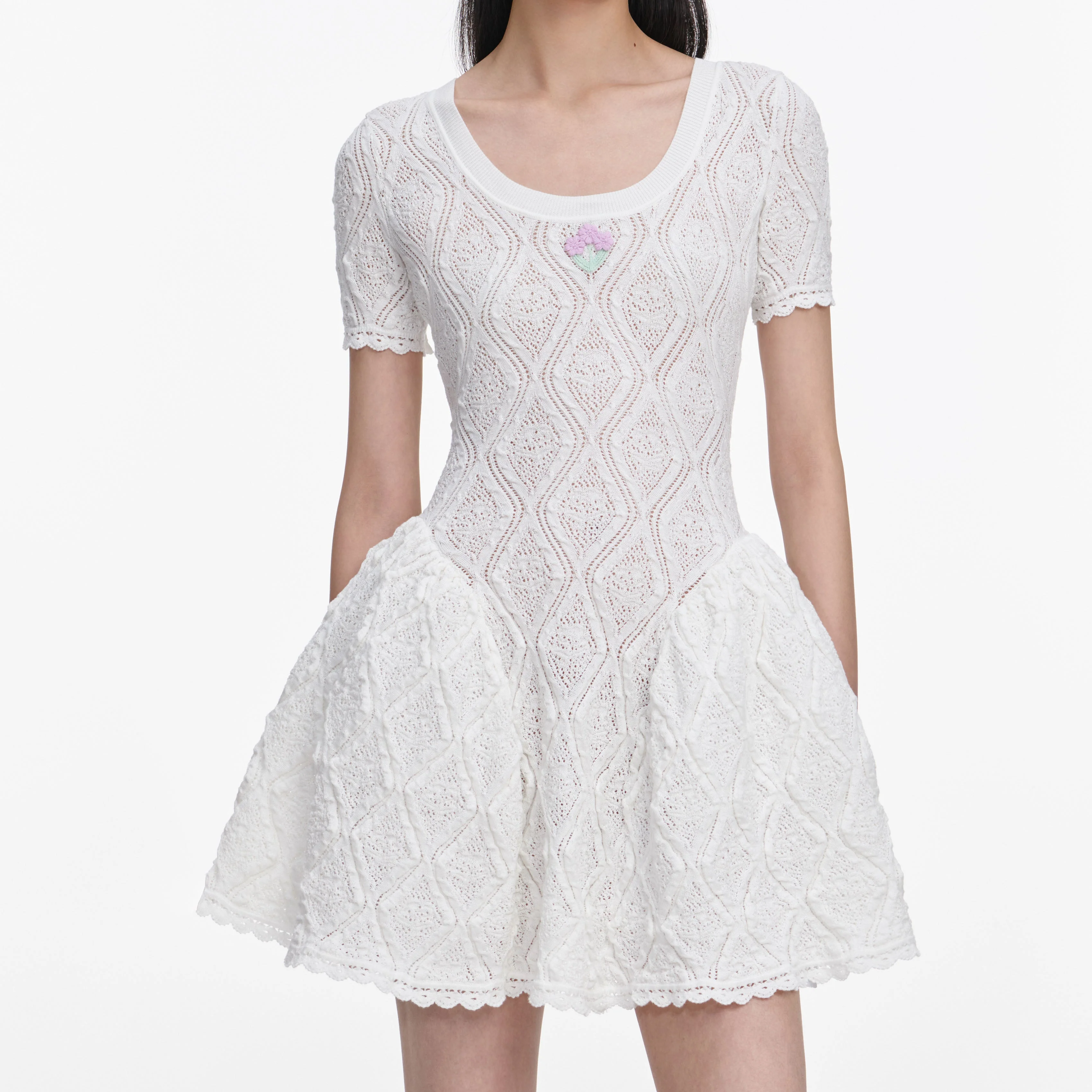 White Pointelle Knit Flared Mini Dress - Image 4