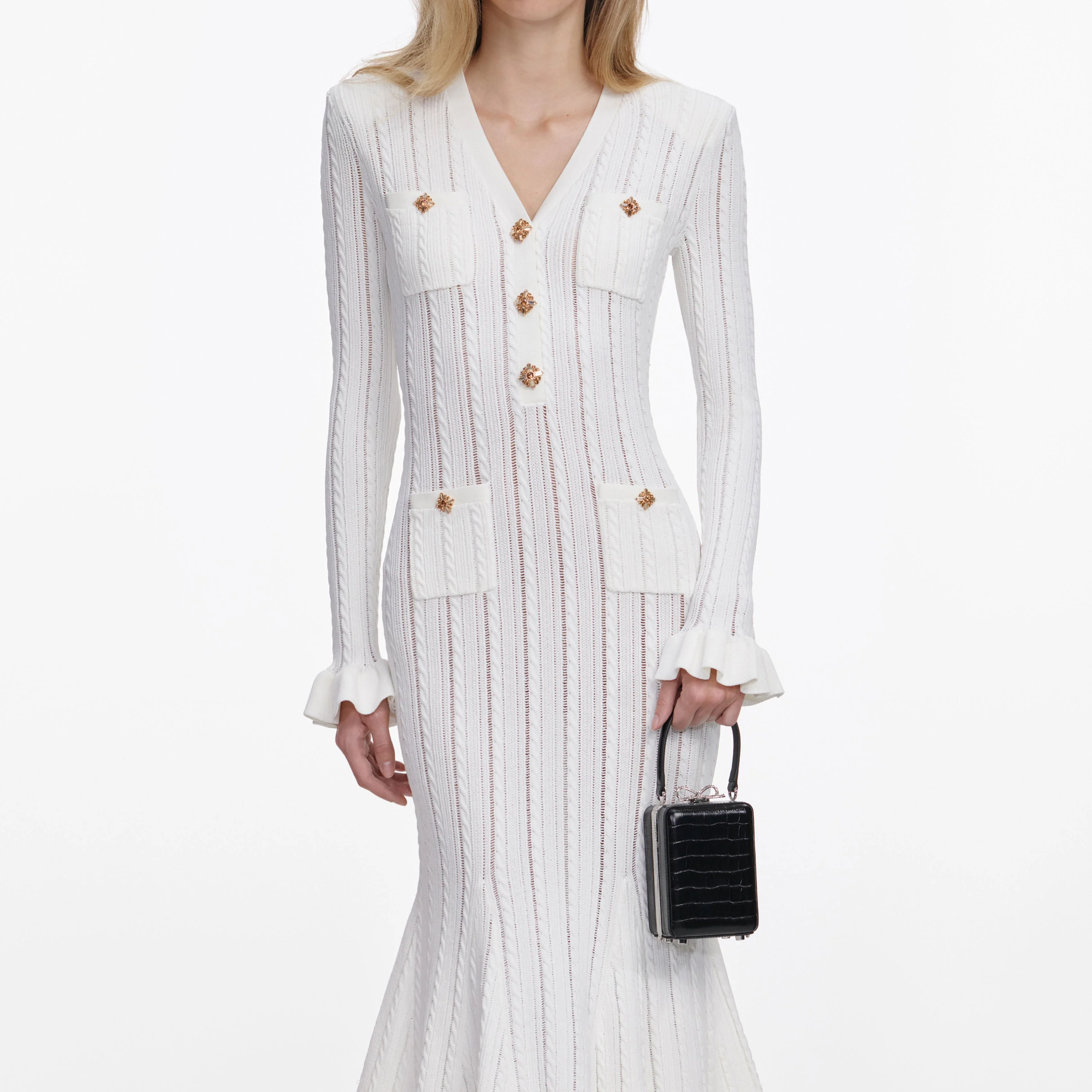 White Pointelle Knit Midi Dress - Image 4