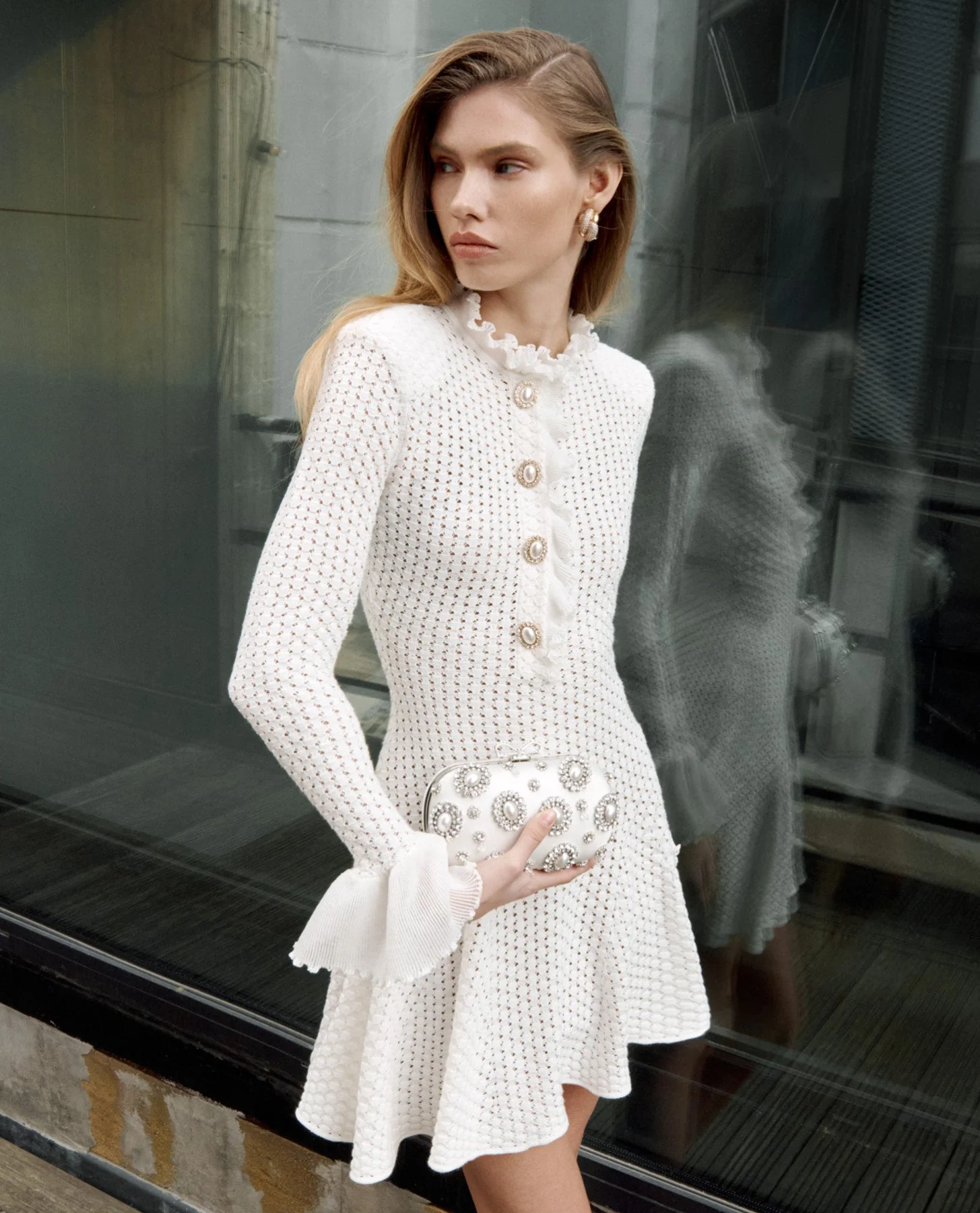White Lace Collared Pointelle Knit Mini Dress - Image 6