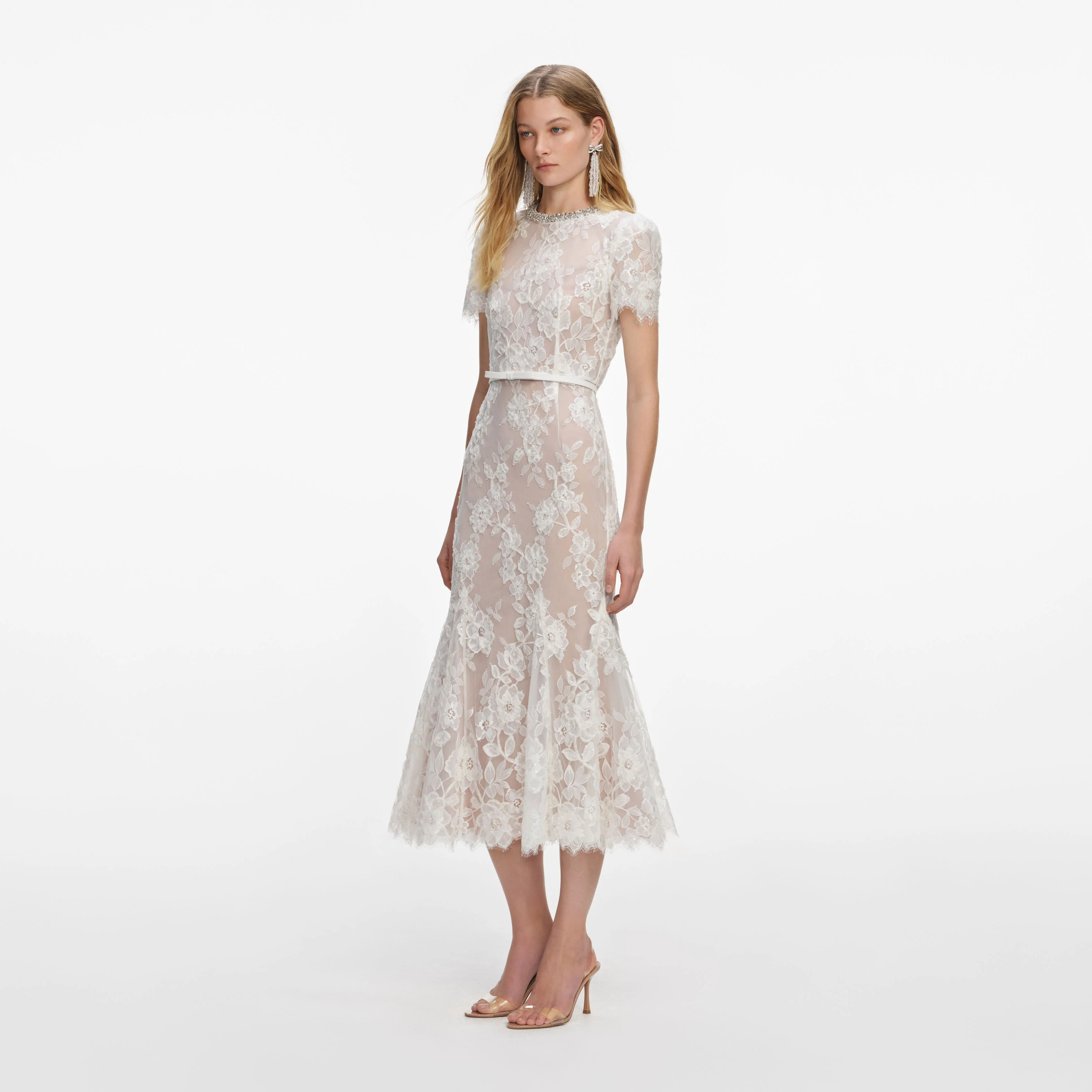 White Sequin Lace Midi Dress - Image 2