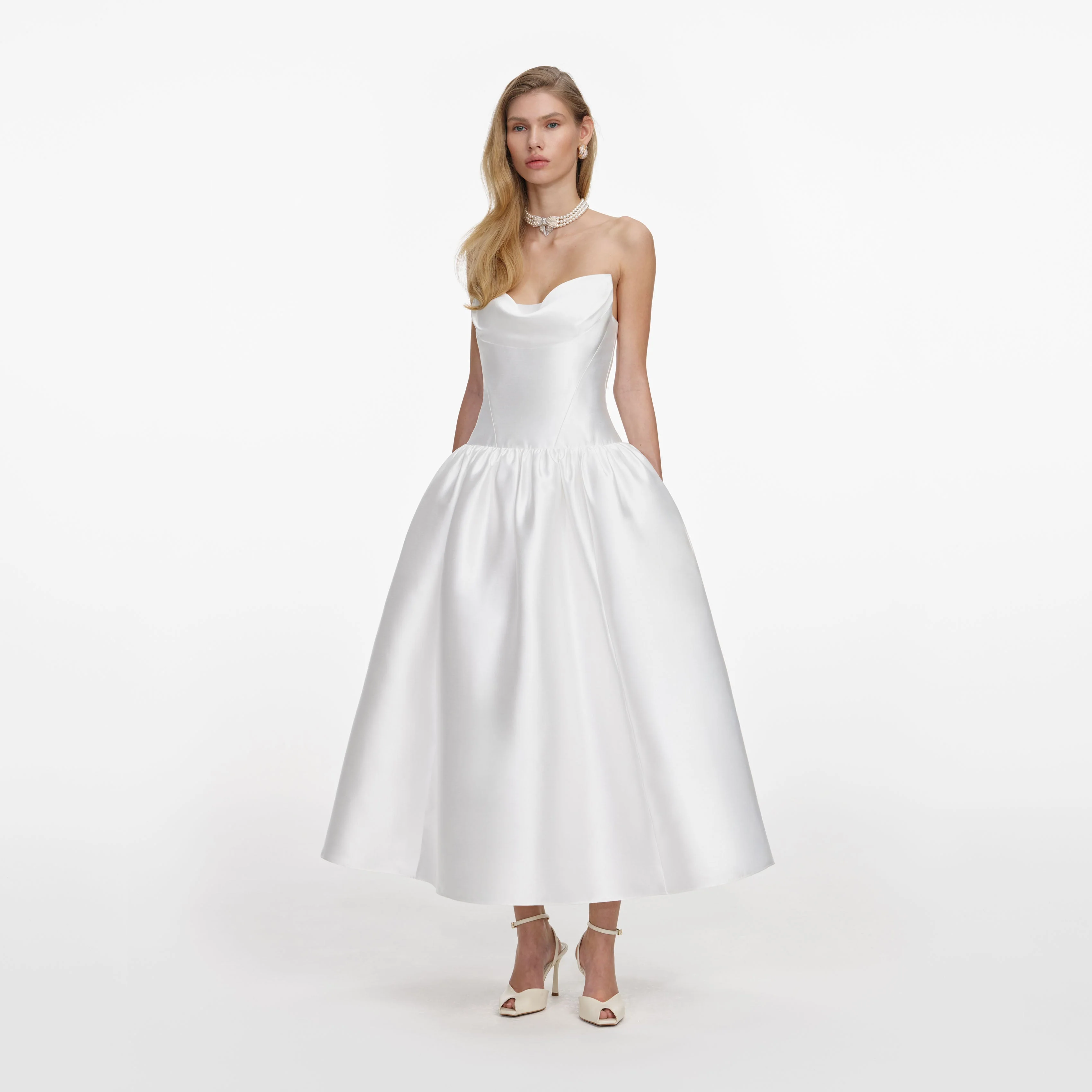 White Taffeta Strapless Midi Dress - Image 2
