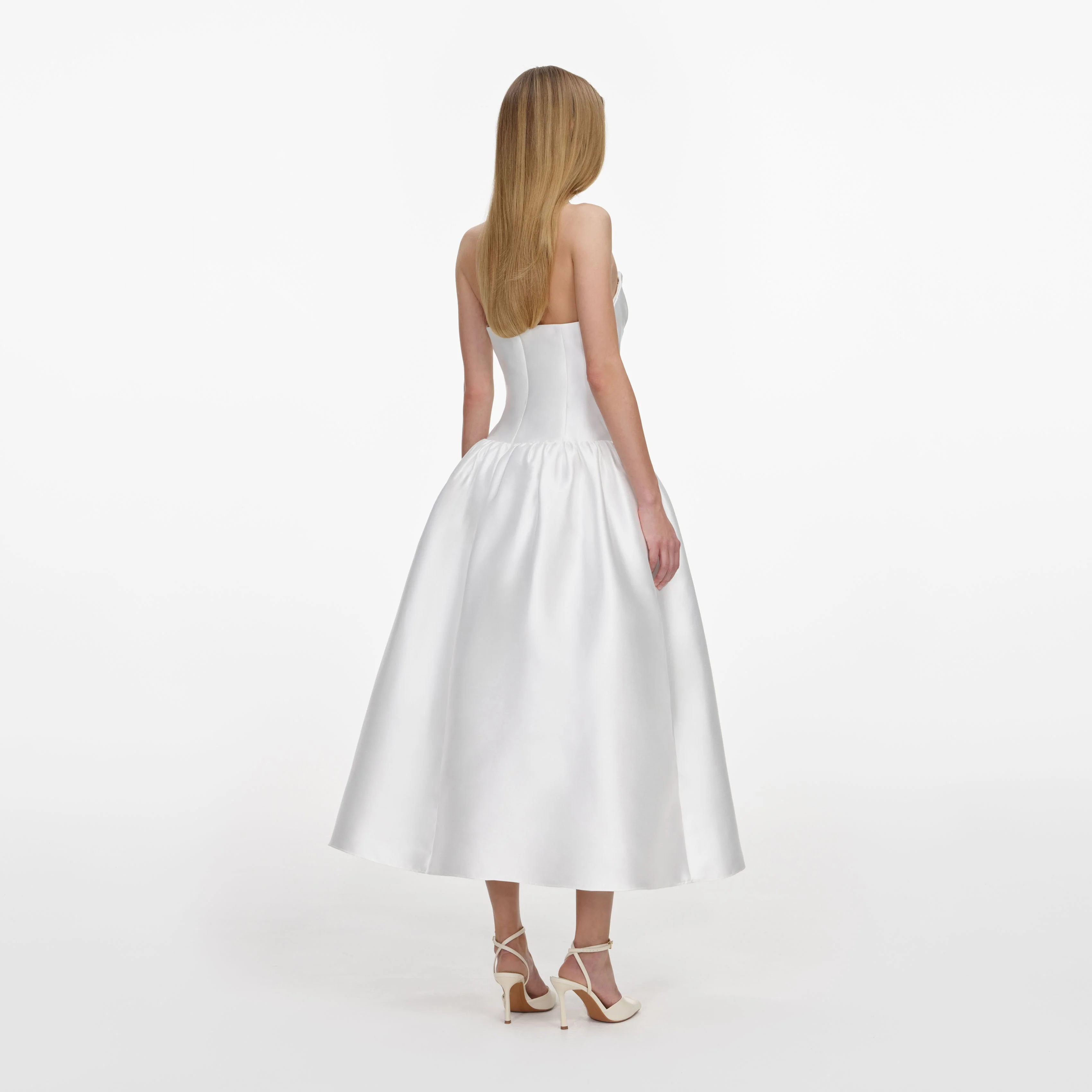 White Taffeta Strapless Midi Dress - Image 3