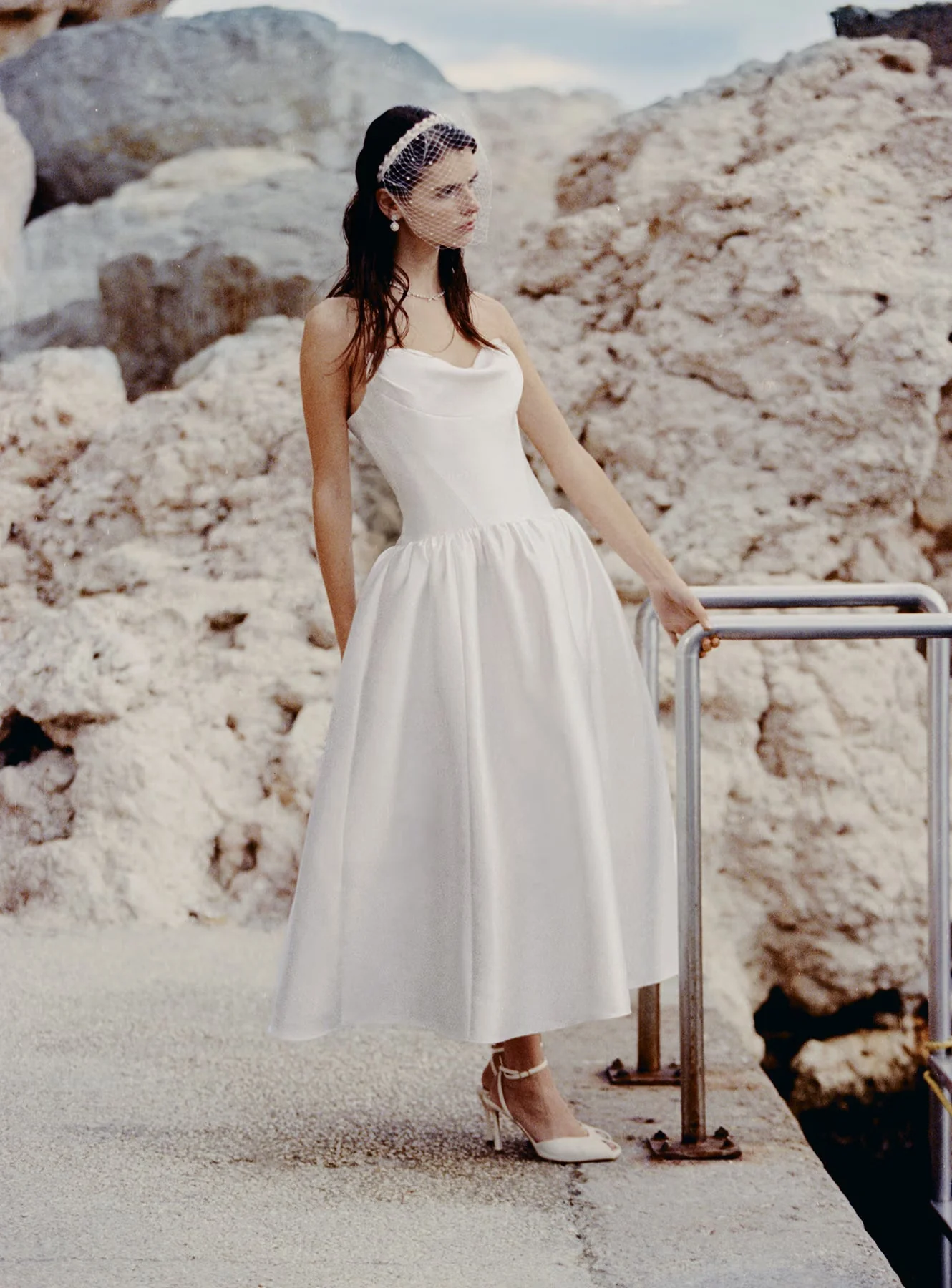 White Taffeta Strapless Midi Dress - Image 6