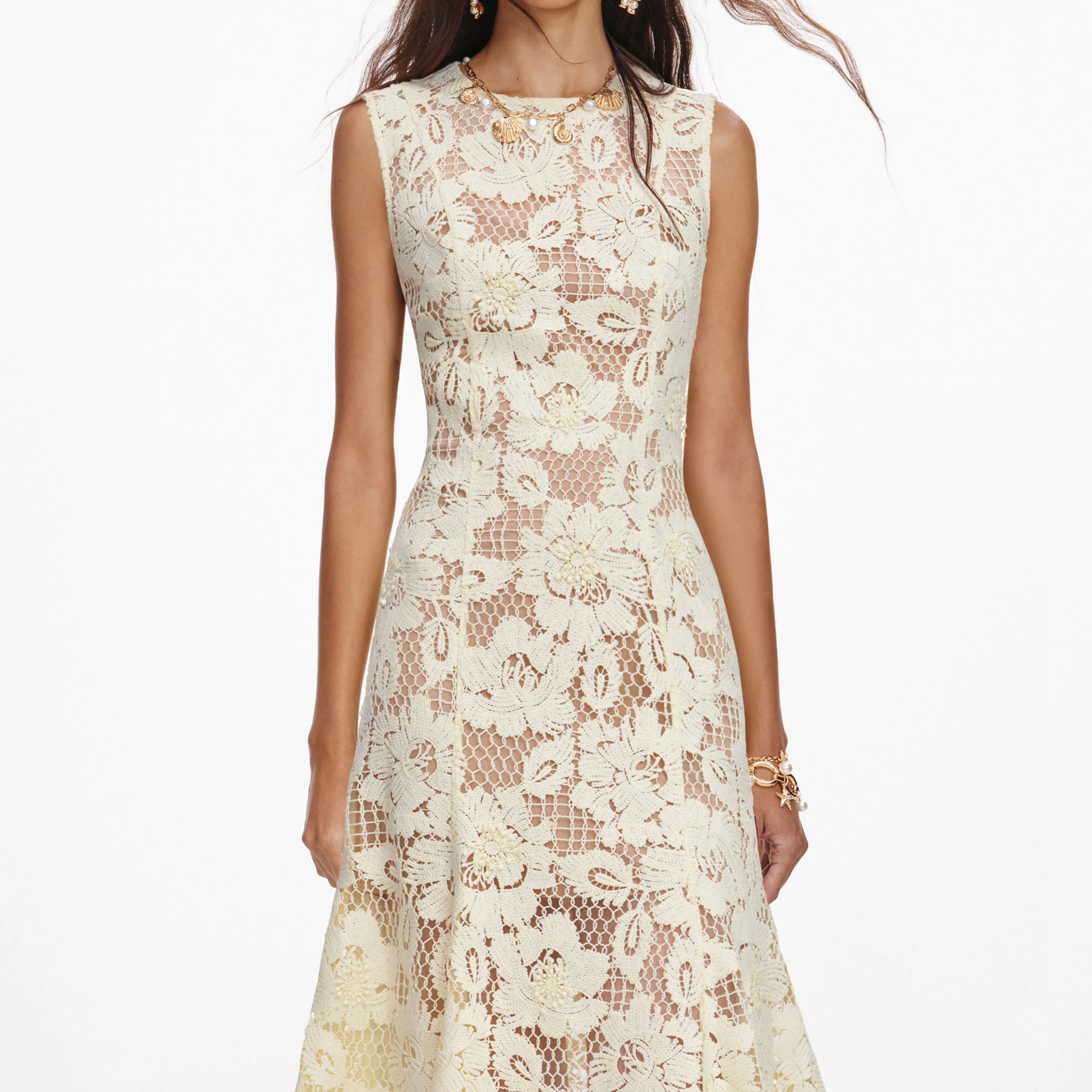 Yellow Crochet Lace Midi Dress - Image 4