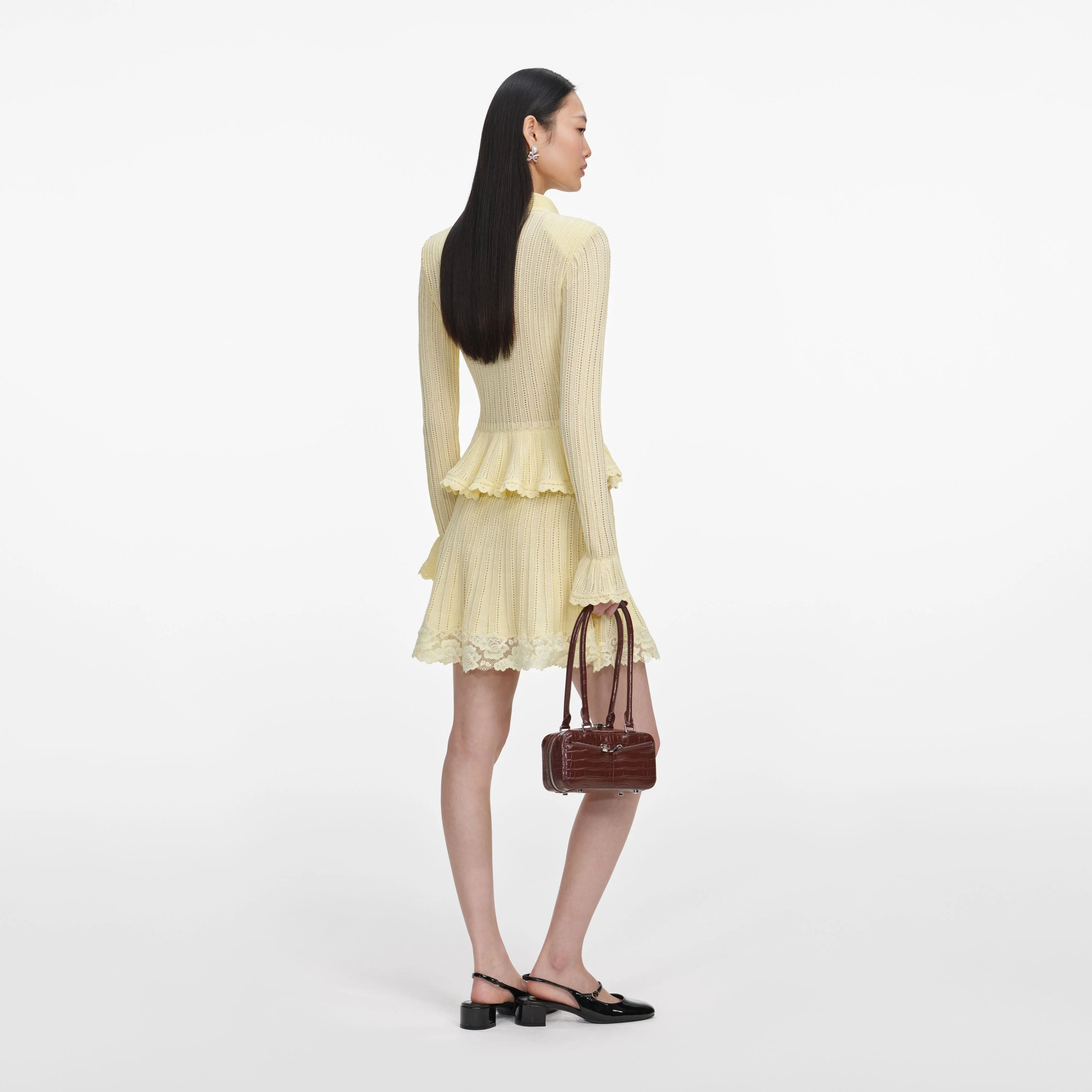 Yellow Pointelle Peplum Knit Mini Dress - Image 3