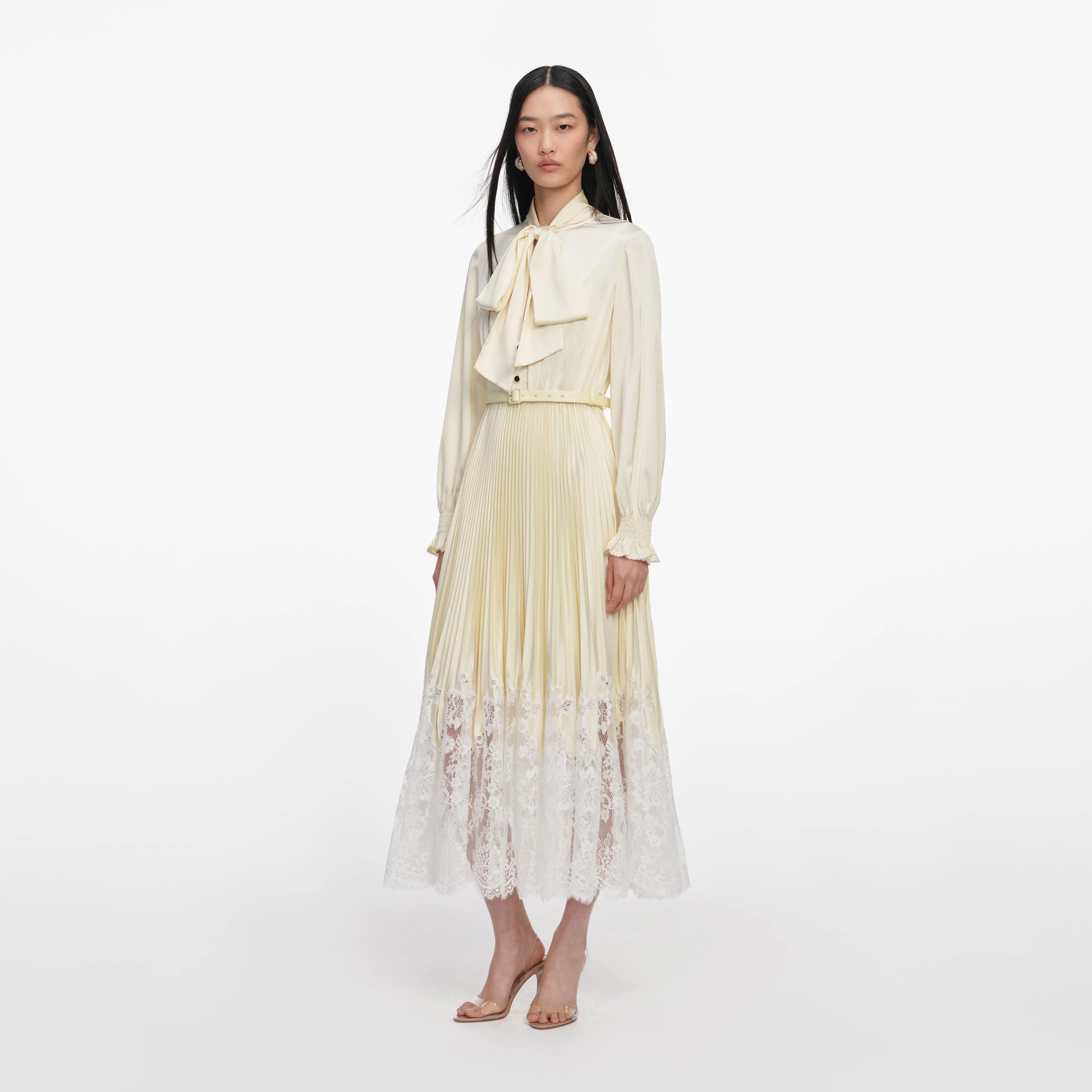 Yellow Satin Lace Midi Dress - Image 2