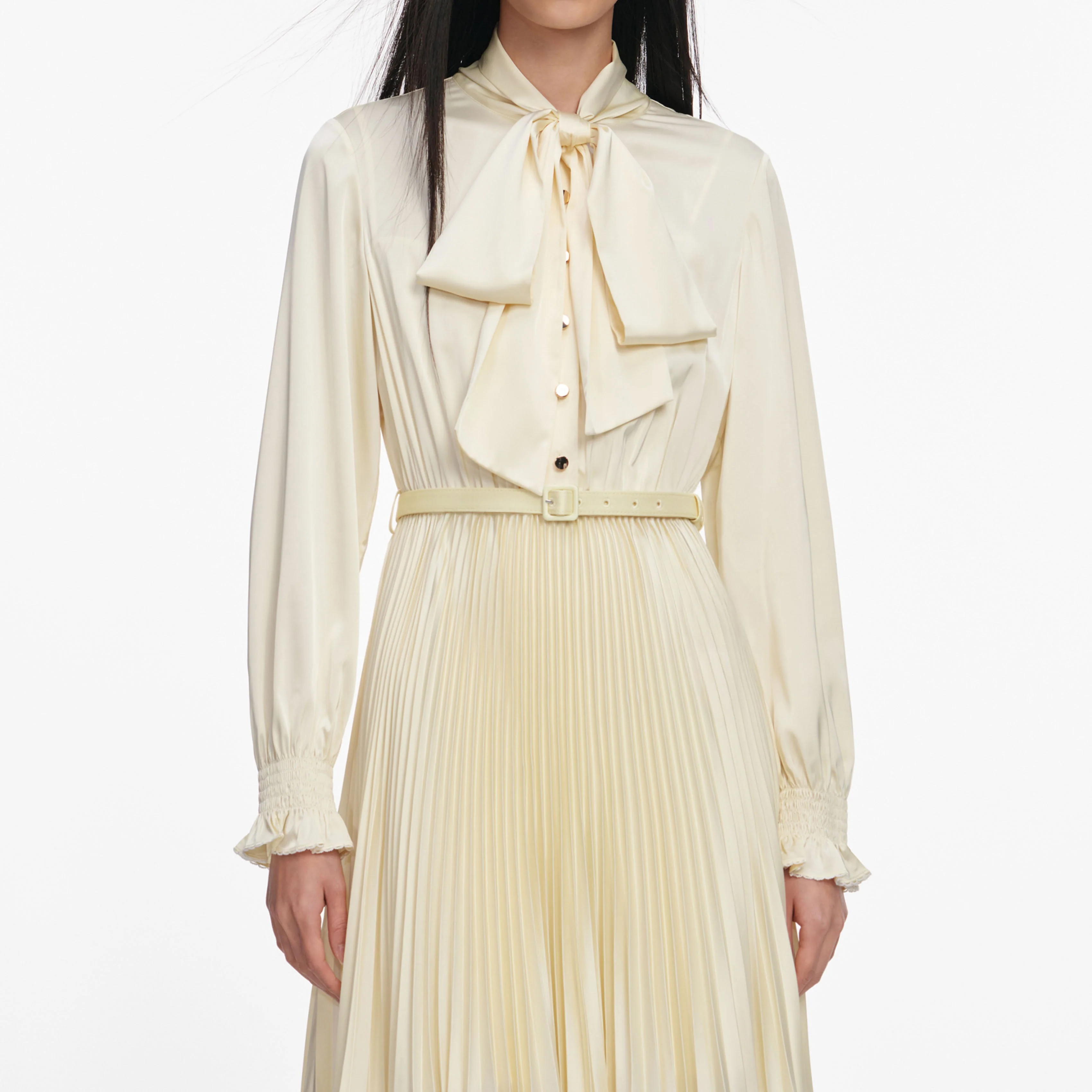 Yellow Satin Lace Midi Dress - Image 4
