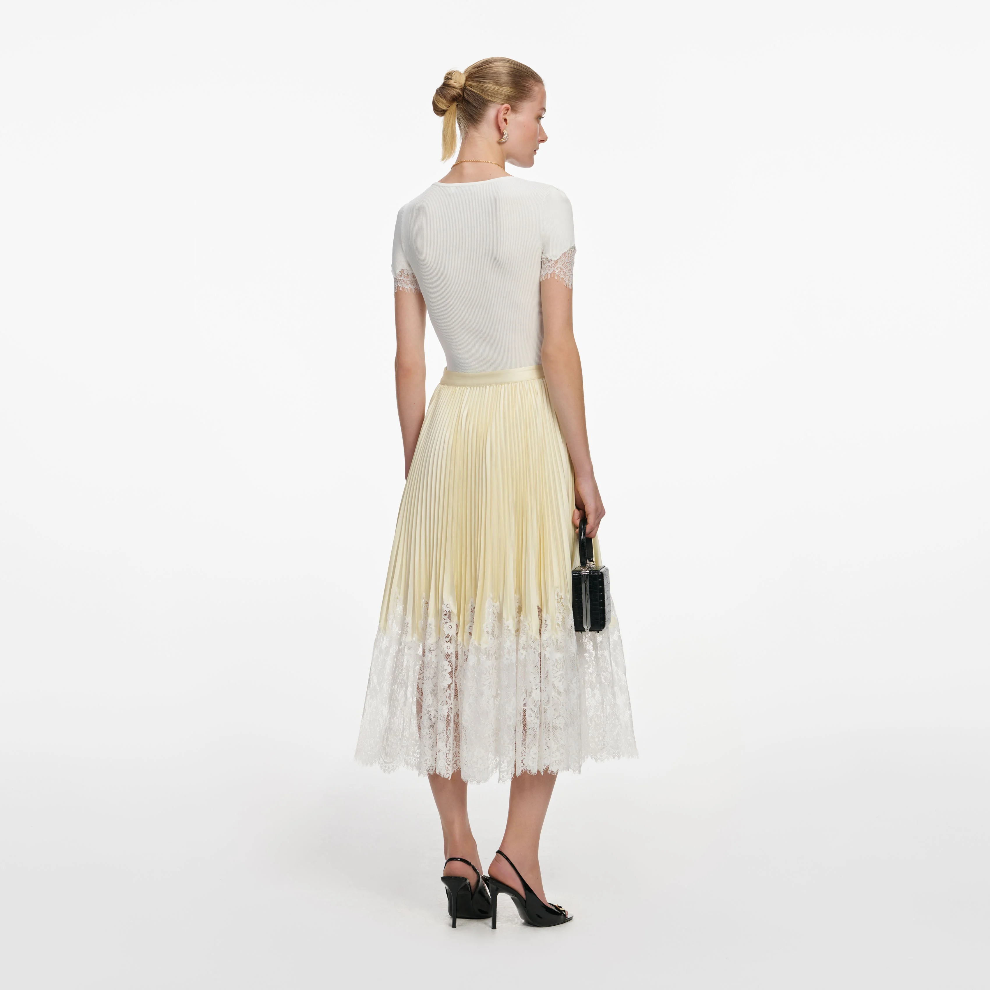 Yellow Satin Lace Midi Skirt - Image 3