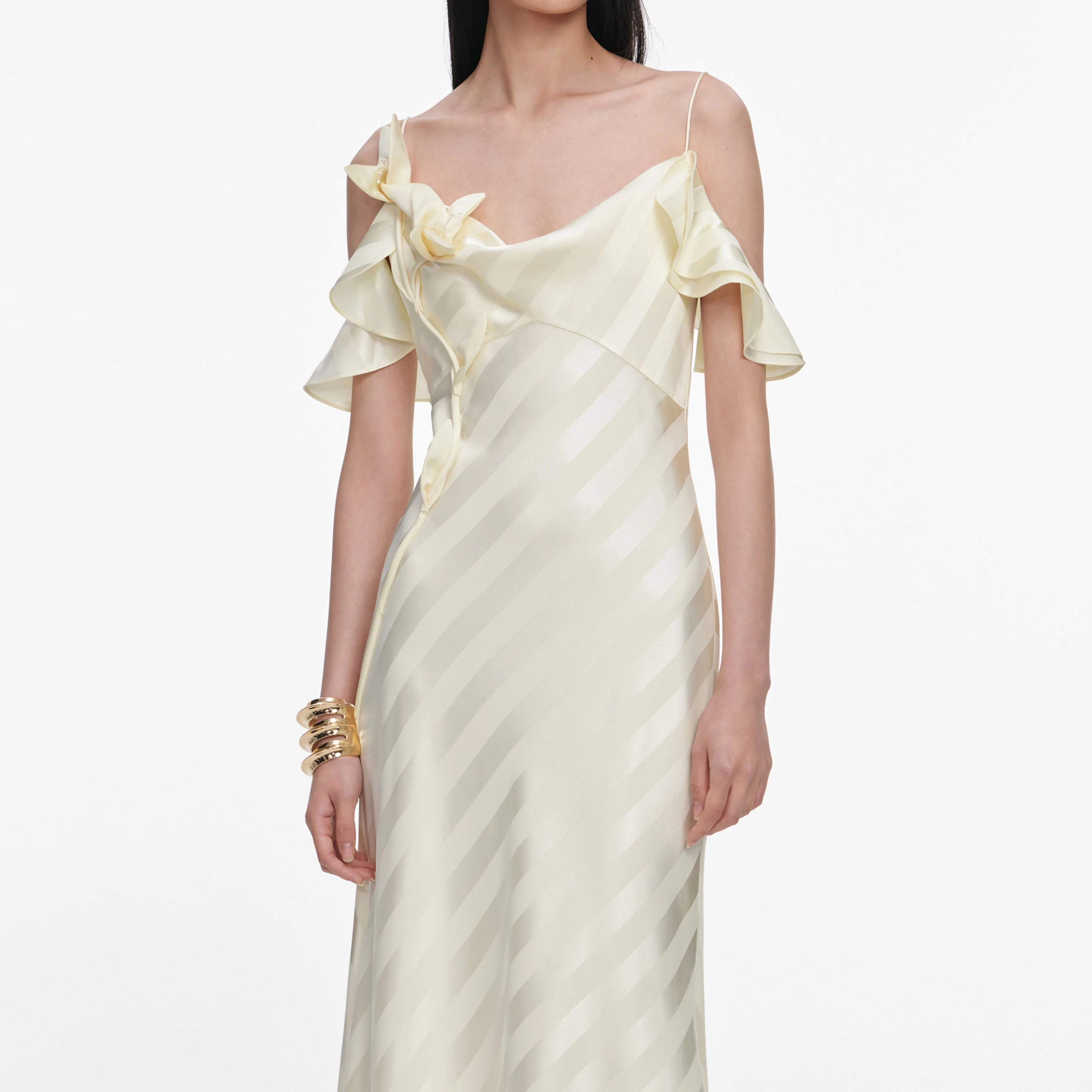 Yellow Satin Striped Maxi Dress - Image 4